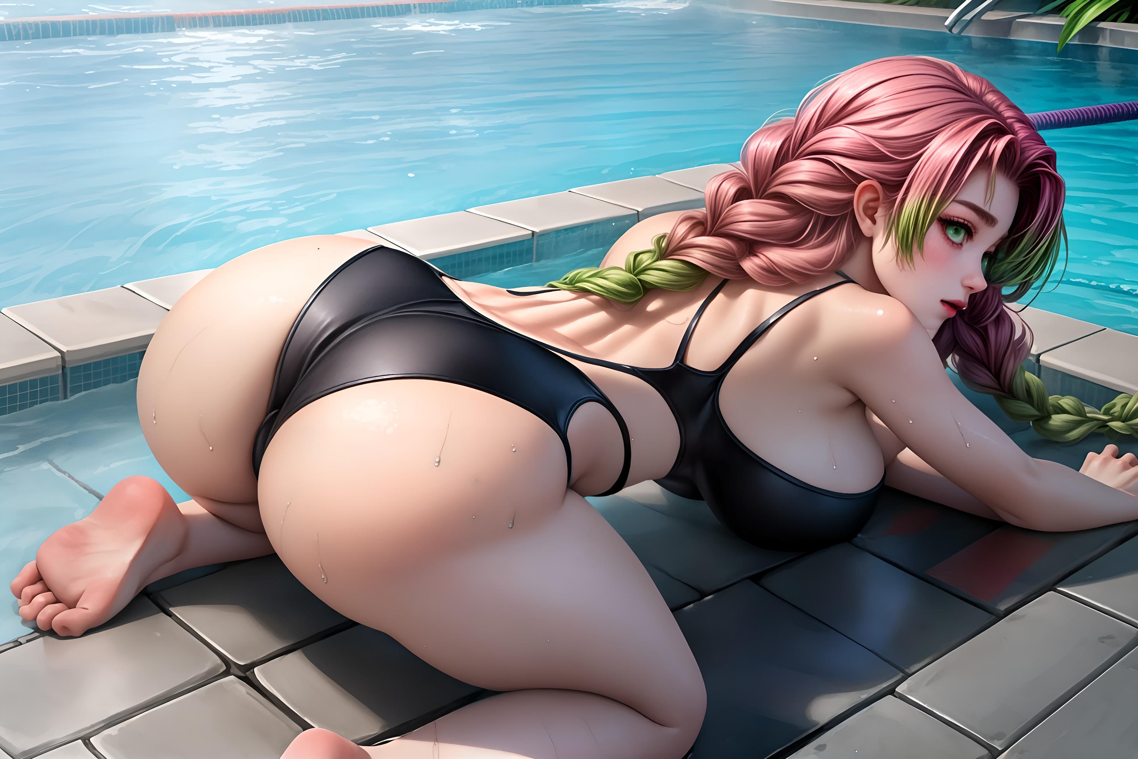AI Generated Anime Girl - Demon Slayer Kanroji Mitsuri: Pink-Green Long Braids, Busty, Exposed Nipple, Hot Spring Bikini Yoga Pants 51P