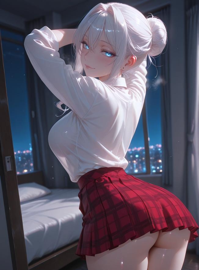 Cô Gái Anime Tạo Bởi AI - Scarlet El Vandimion: Trang Phục Học Sinh, Áo Sơ Mi Trắng, Váy Đỏ, Tự Sướng Trước Gương 162P