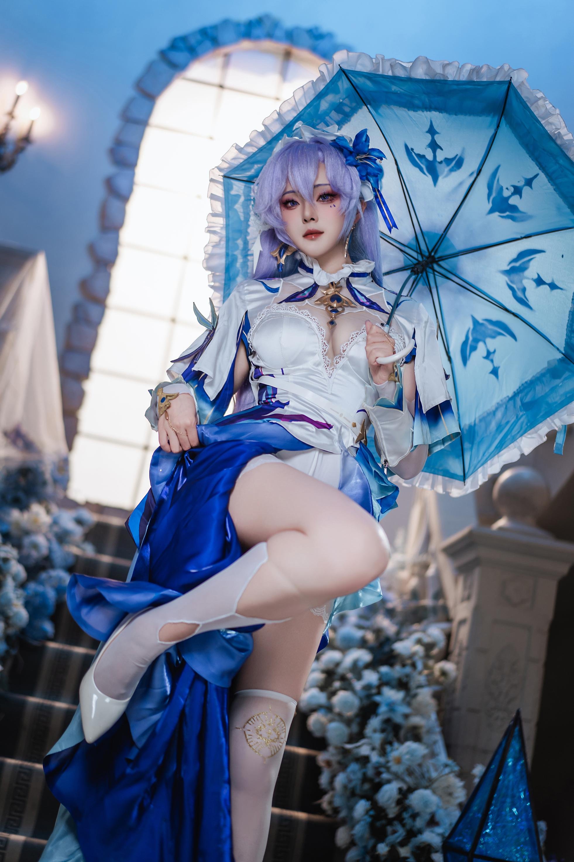 [cosplay] Natsuko夏夏子 - 鸣潮 坎特蕾拉：蓝白礼装白丝露穴 珍珠内衣还原 72P