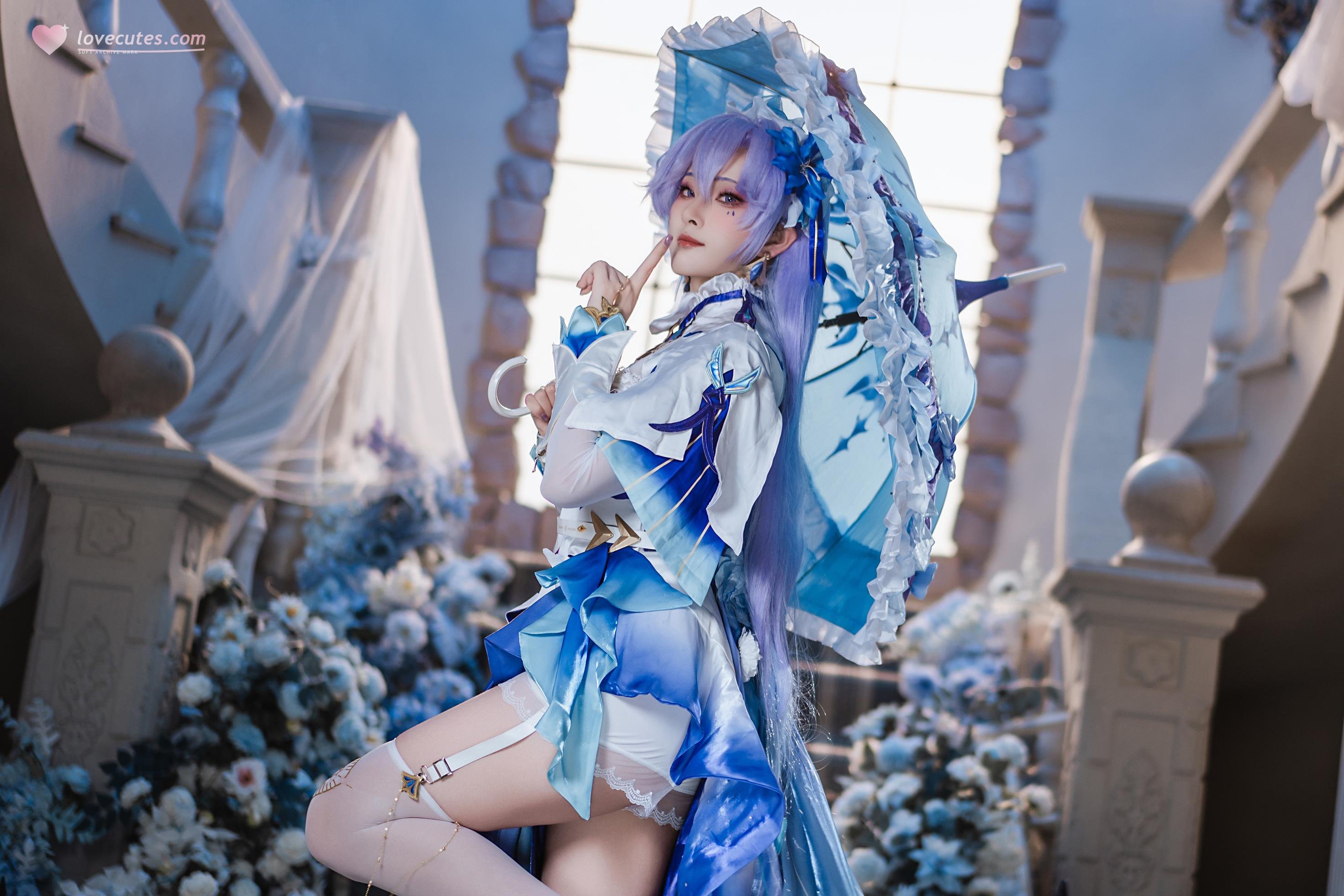 「[Cosplay] Natsuko夏夏子 - 鳴潮坎特蕾拉：藍白禮裝白絲露穴珍珠內衣還原 72P」