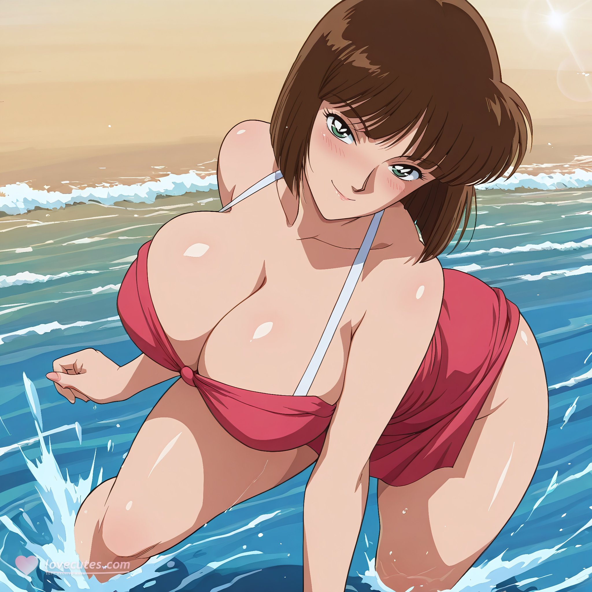 AI生成アニメ少女 - 名探偵コナン 佐山明子：海辺で濡れた爆乳露穴 青緑水着 72P