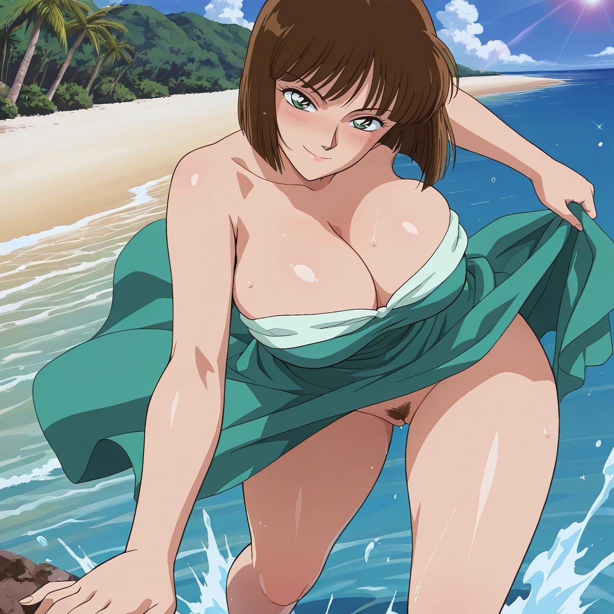 AI生成アニメ少女 - 名探偵コナン 佐山明子：海辺で濡れた爆乳露穴 青緑水着 72P