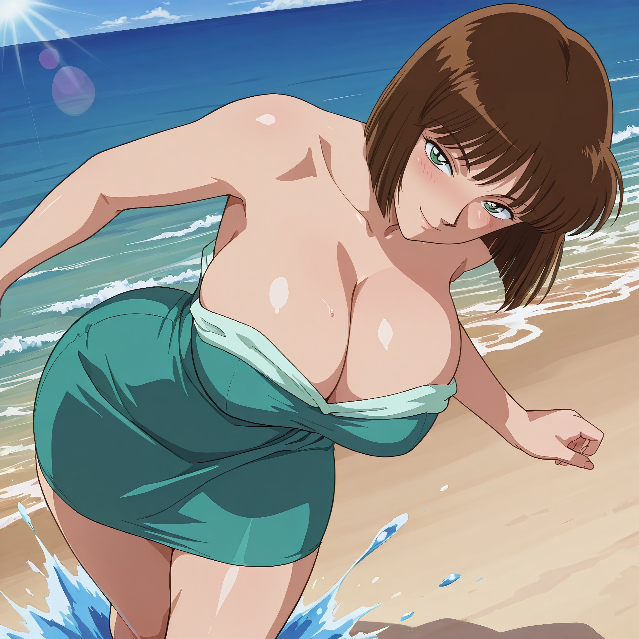AI生成アニメ少女 - 名探偵コナン 佐山明子：海辺で濡れた爆乳露穴 青緑水着 72P