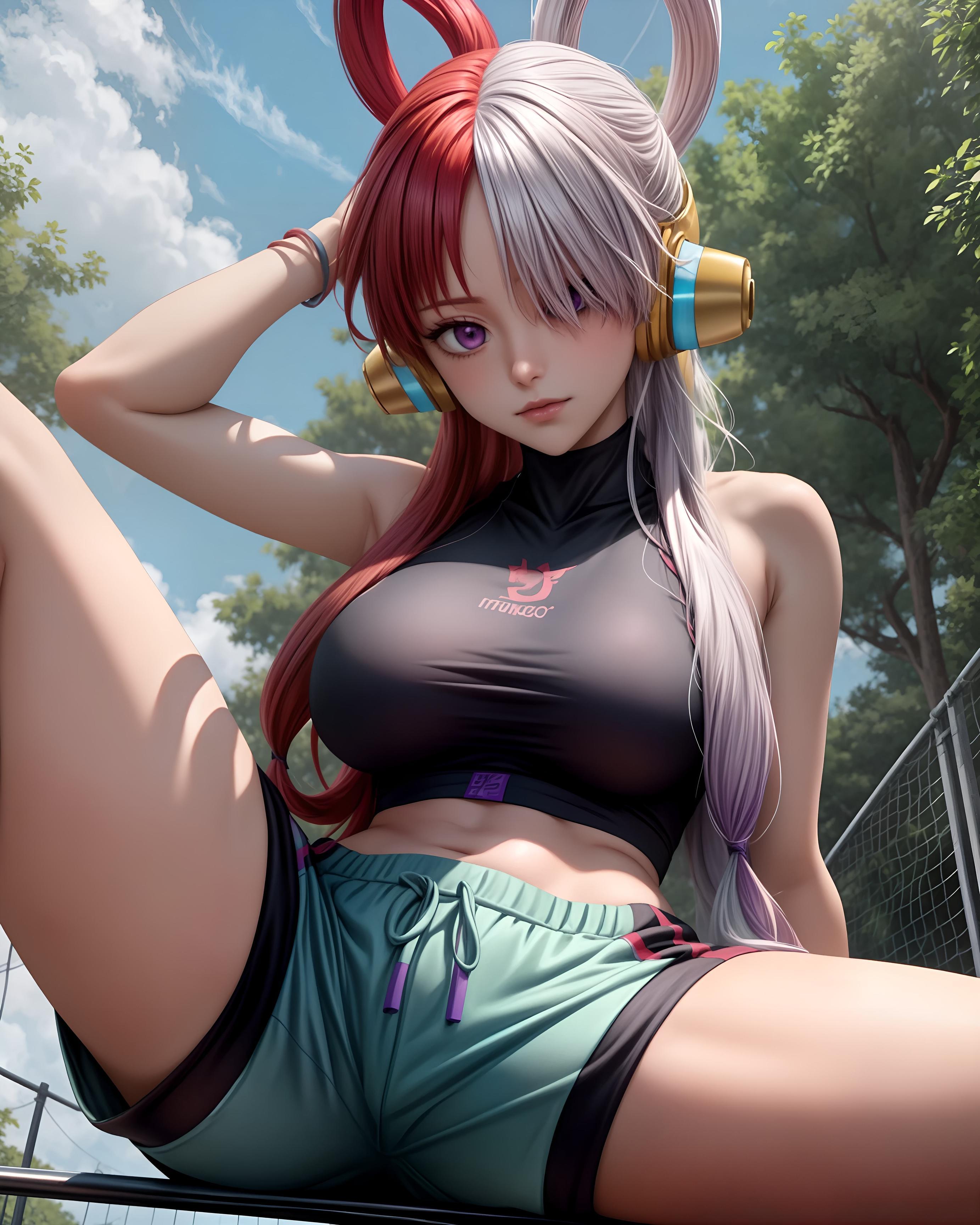 AI生成動漫女孩 - 海賊王烏塔：紅白雙髮耳機爆乳露點比基尼綁縛 48P