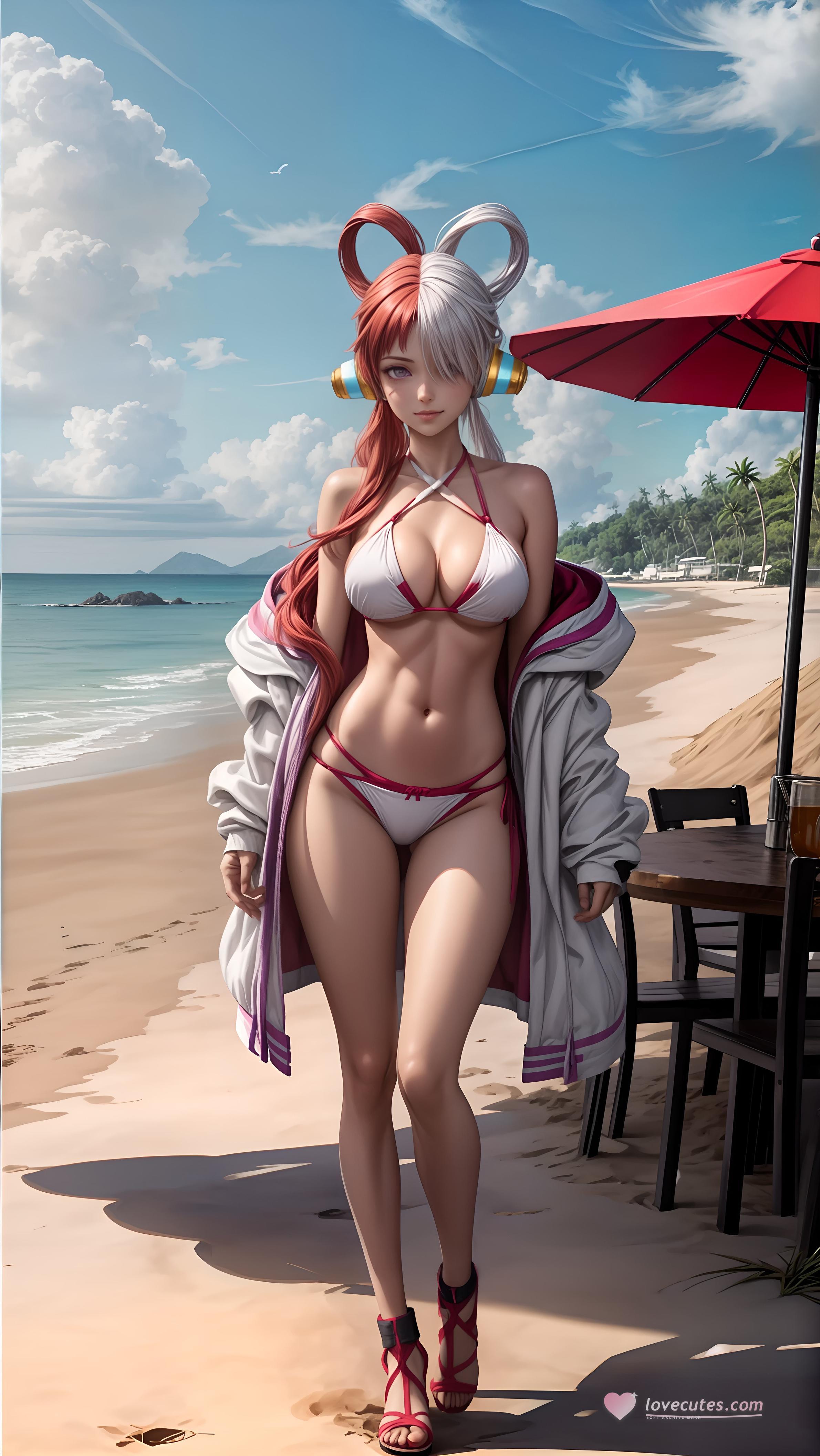 AI生成動漫女孩 - 海賊王烏塔：紅白雙髮耳機爆乳露點比基尼綁縛 48P
