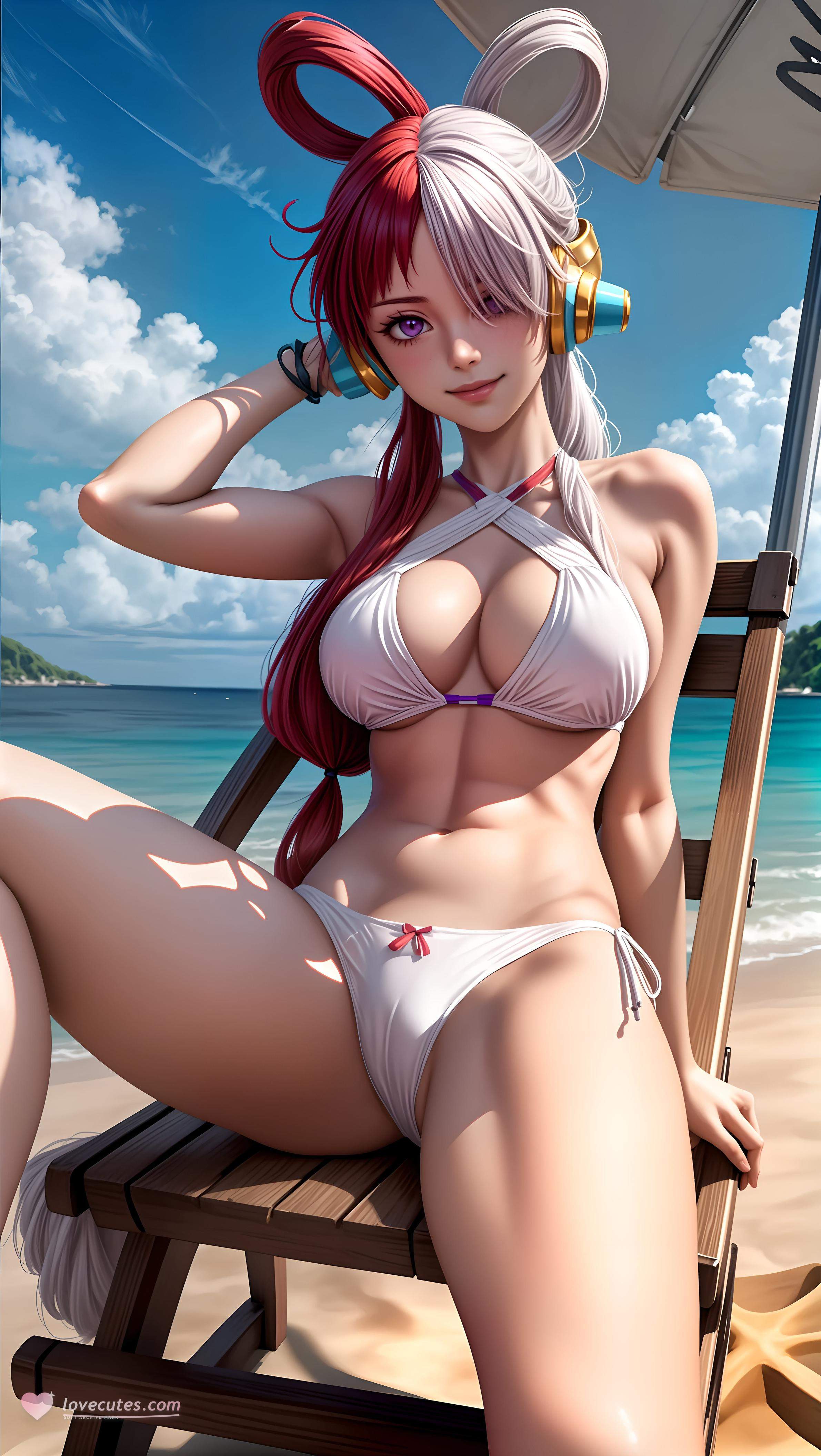 AI生成動漫女孩 - 海賊王烏塔：紅白雙髮耳機爆乳露點比基尼綁縛 48P