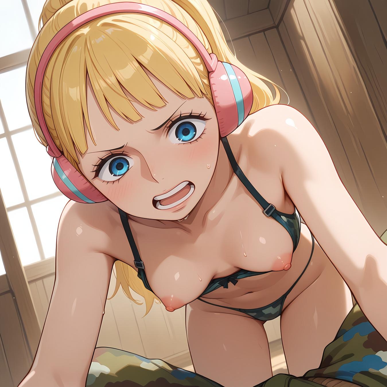 AI Generated Anime Girl - One Piece Yunbai: Blonde Headphones Bikini with Exposed Cleavage and Camouflage Bottom 42P
