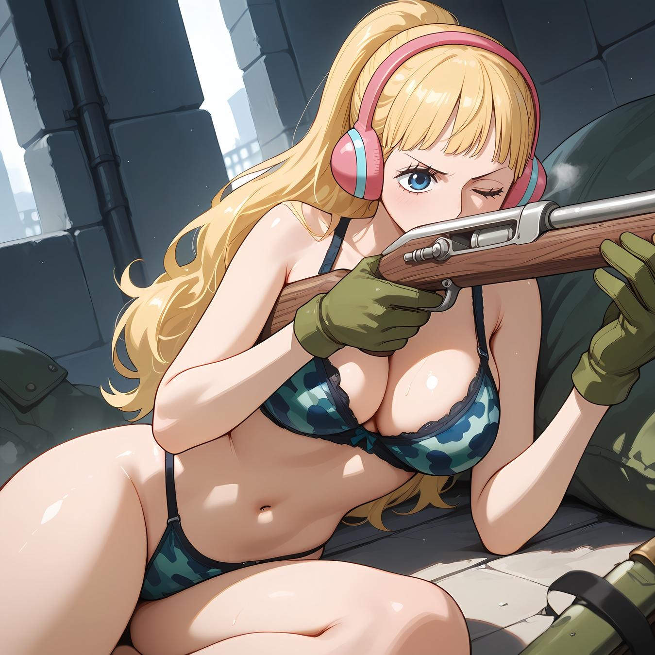 AI Generated Anime Girl - One Piece Yunbai: Blonde Headphones Bikini with Exposed Cleavage and Camouflage Bottom 42P
