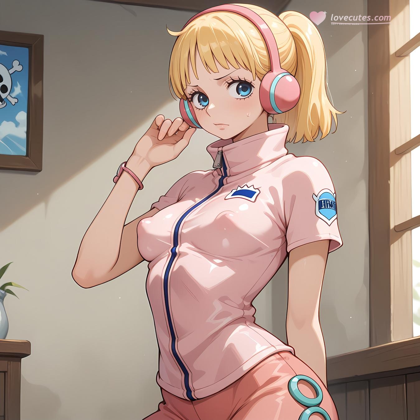 AI Generated Anime Girl - One Piece Yunbai: Blonde Headphones Bikini with Exposed Cleavage and Camouflage Bottom 42P