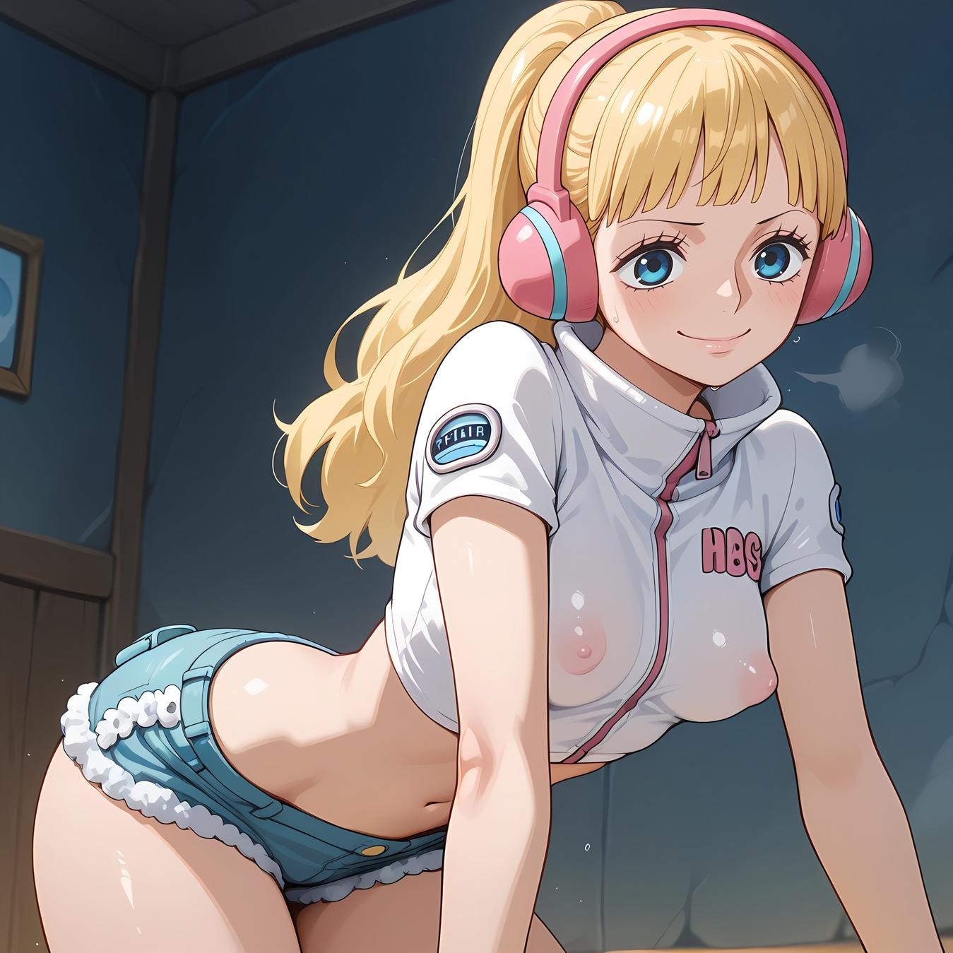 AI Generated Anime Girl - One Piece Yunbai: Blonde Headphones Bikini with Exposed Cleavage and Camouflage Bottom 42P