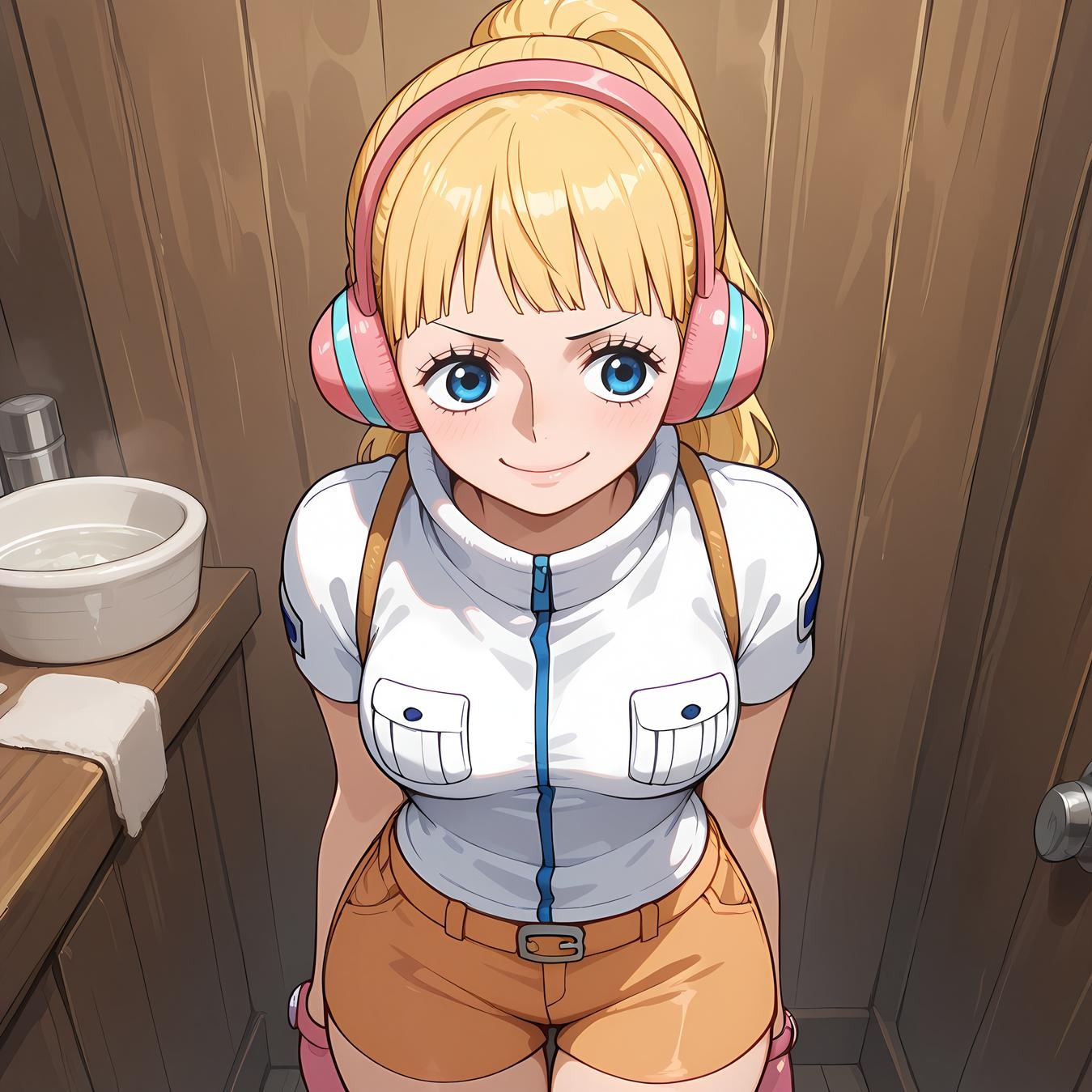 AI Generated Anime Girl - One Piece Yunbai: Blonde Headphones Bikini with Exposed Cleavage and Camouflage Bottom 42P