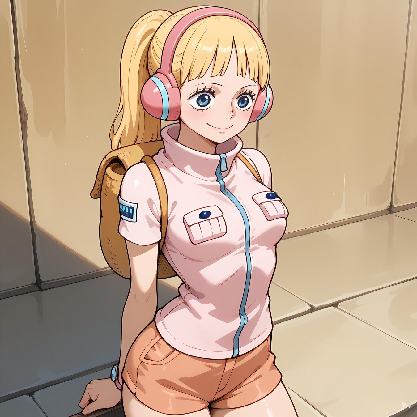 AI Generated Anime Girl - One Piece Yunbai: Blonde Headphones Bikini with Exposed Cleavage and Camouflage Bottom 42P