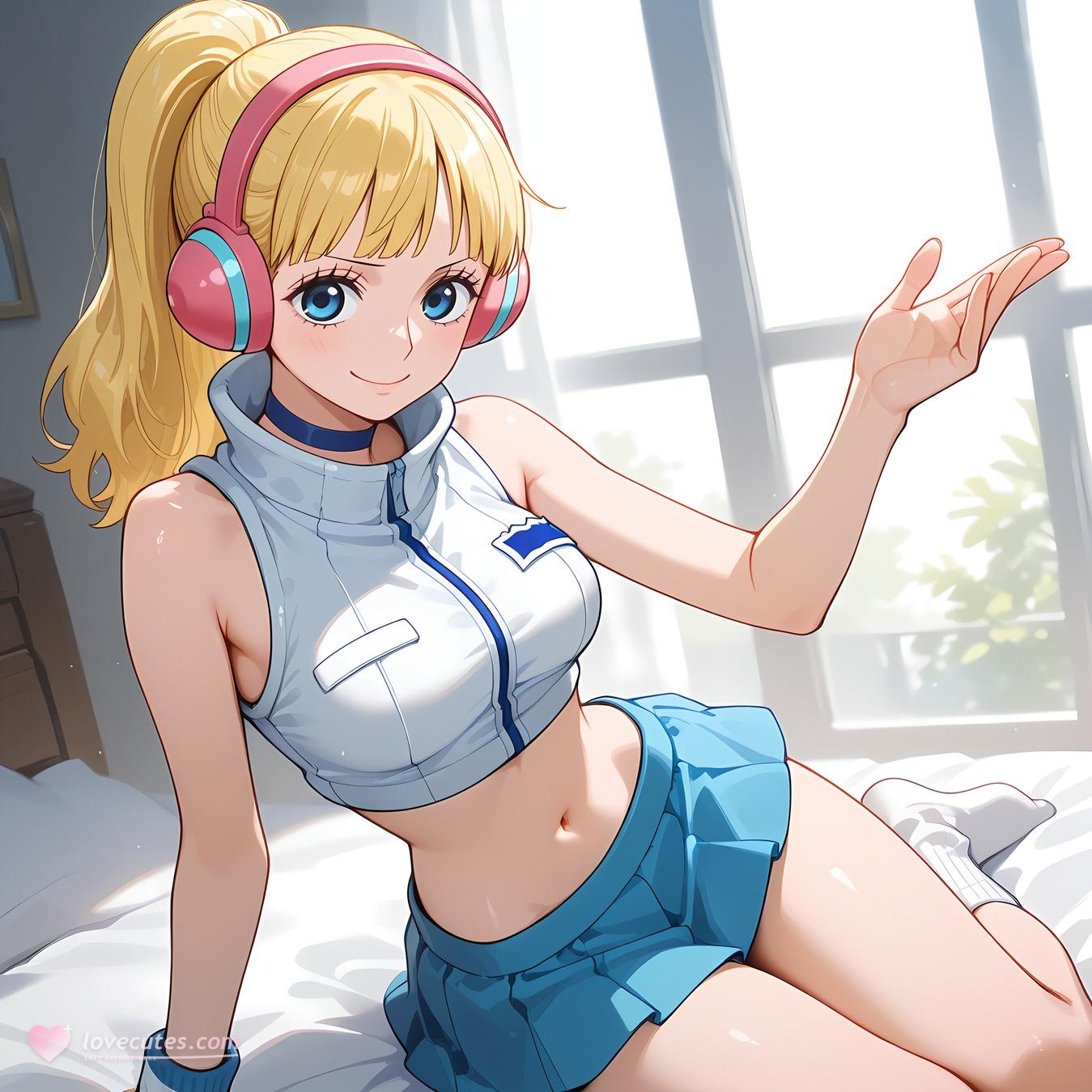 AI Generated Anime Girl - One Piece Yunbai: Blonde Headphones Bikini with Exposed Cleavage and Camouflage Bottom 42P