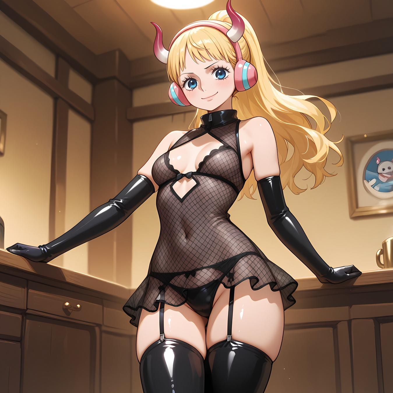 AI Generated Anime Girl - One Piece Yunbai: Blonde Headphones Bikini with Exposed Cleavage and Camouflage Bottom 42P