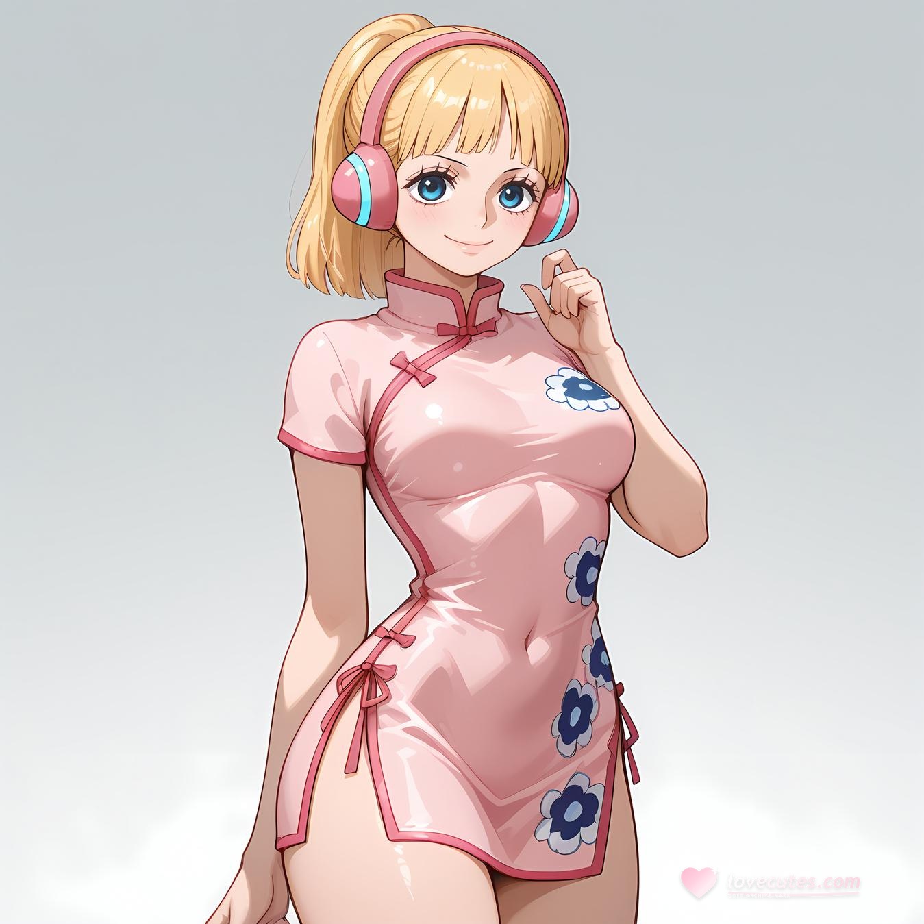 AI Generated Anime Girl - One Piece Yunbai: Blonde Headphones Bikini with Exposed Cleavage and Camouflage Bottom 42P