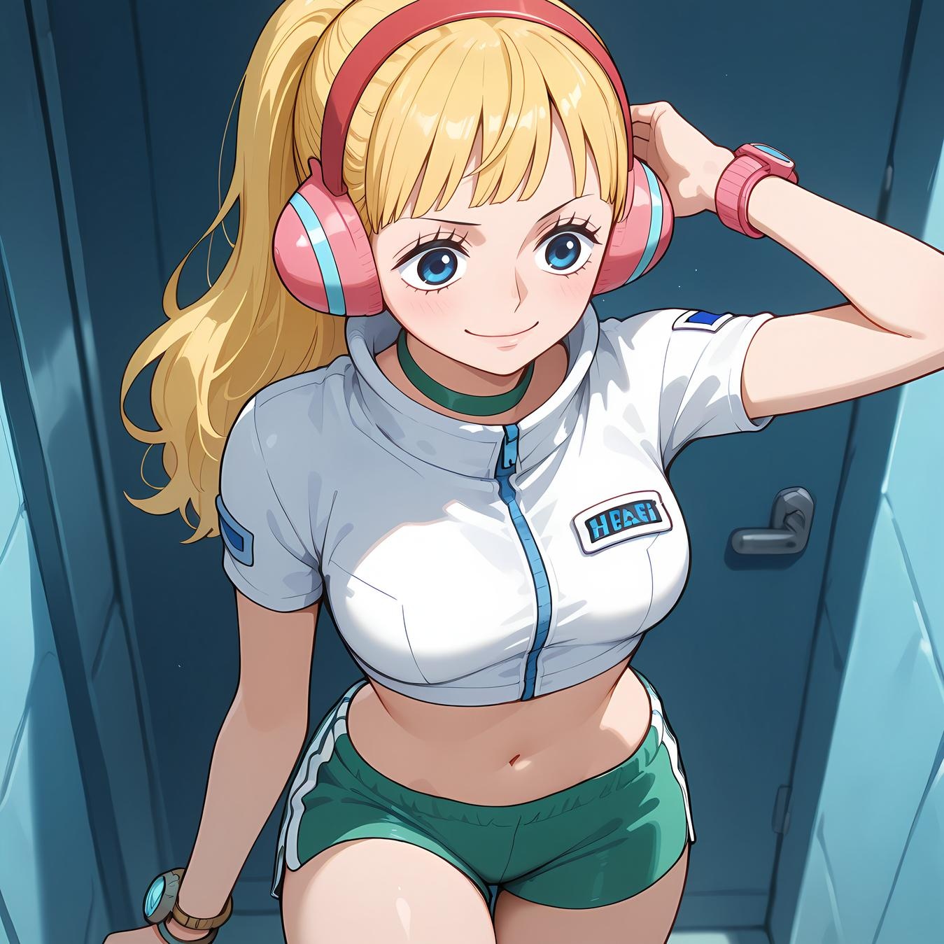 AI Generated Anime Girl - One Piece Yunbai: Blonde Headphones Bikini with Exposed Cleavage and Camouflage Bottom 42P