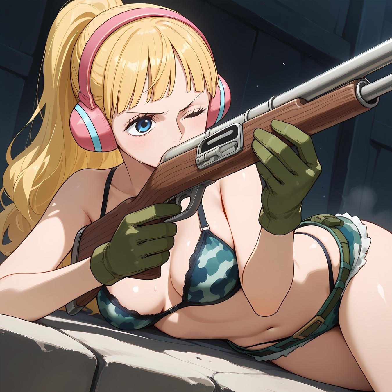 AI Generated Anime Girl - One Piece Yunbai: Blonde Headphones Bikini with Exposed Cleavage and Camouflage Bottom 42P