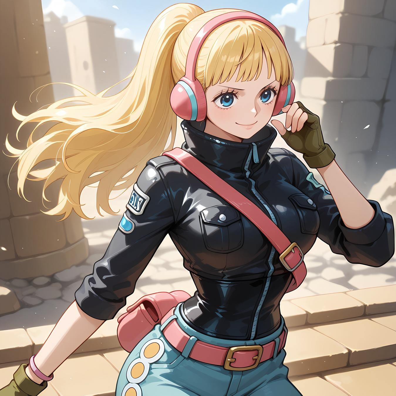 AI Generated Anime Girl - One Piece Yunbai: Blonde Headphones Bikini with Exposed Cleavage and Camouflage Bottom 42P