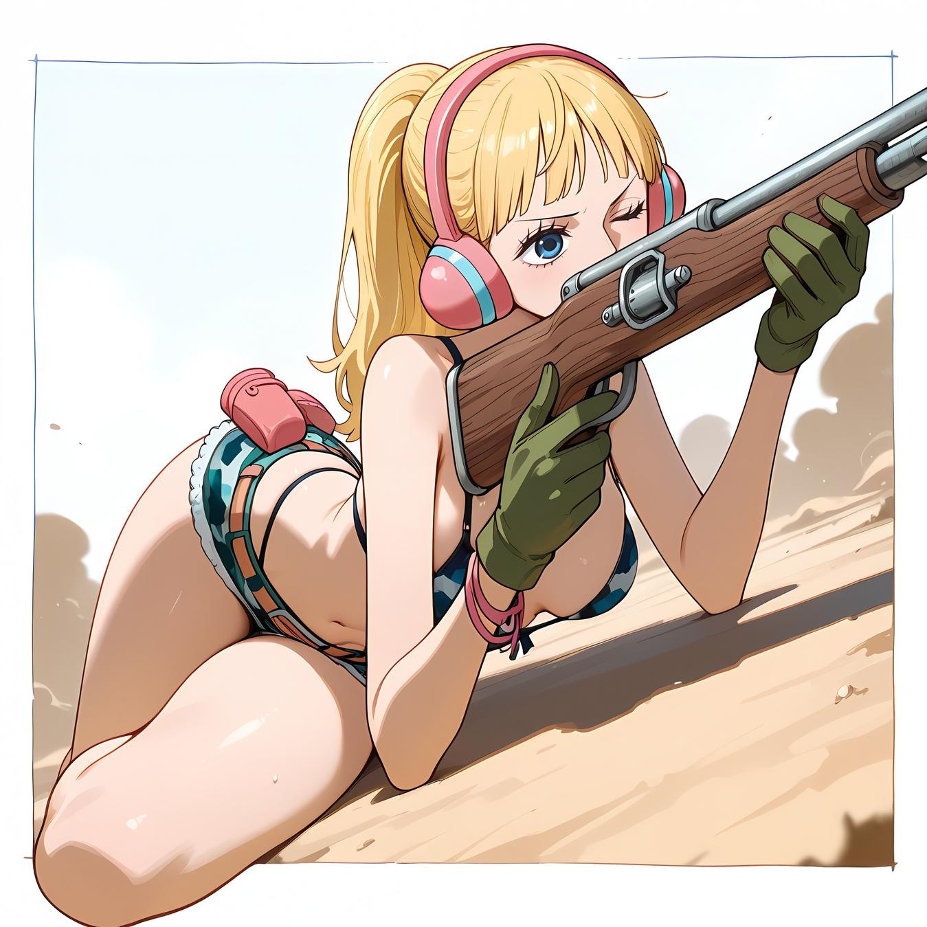 AI Generated Anime Girl - One Piece Yunbai: Blonde Headphones Bikini with Exposed Cleavage and Camouflage Bottom 42P