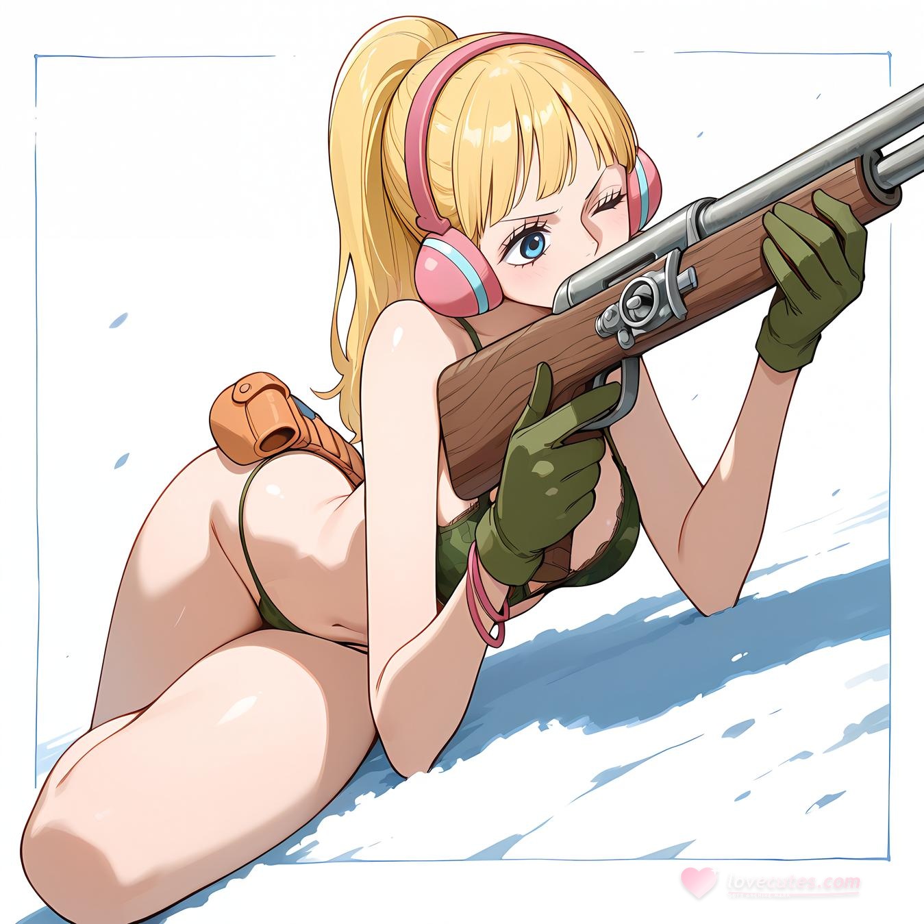 AI Generated Anime Girl - One Piece Yunbai: Blonde Headphones Bikini with Exposed Cleavage and Camouflage Bottom 42P