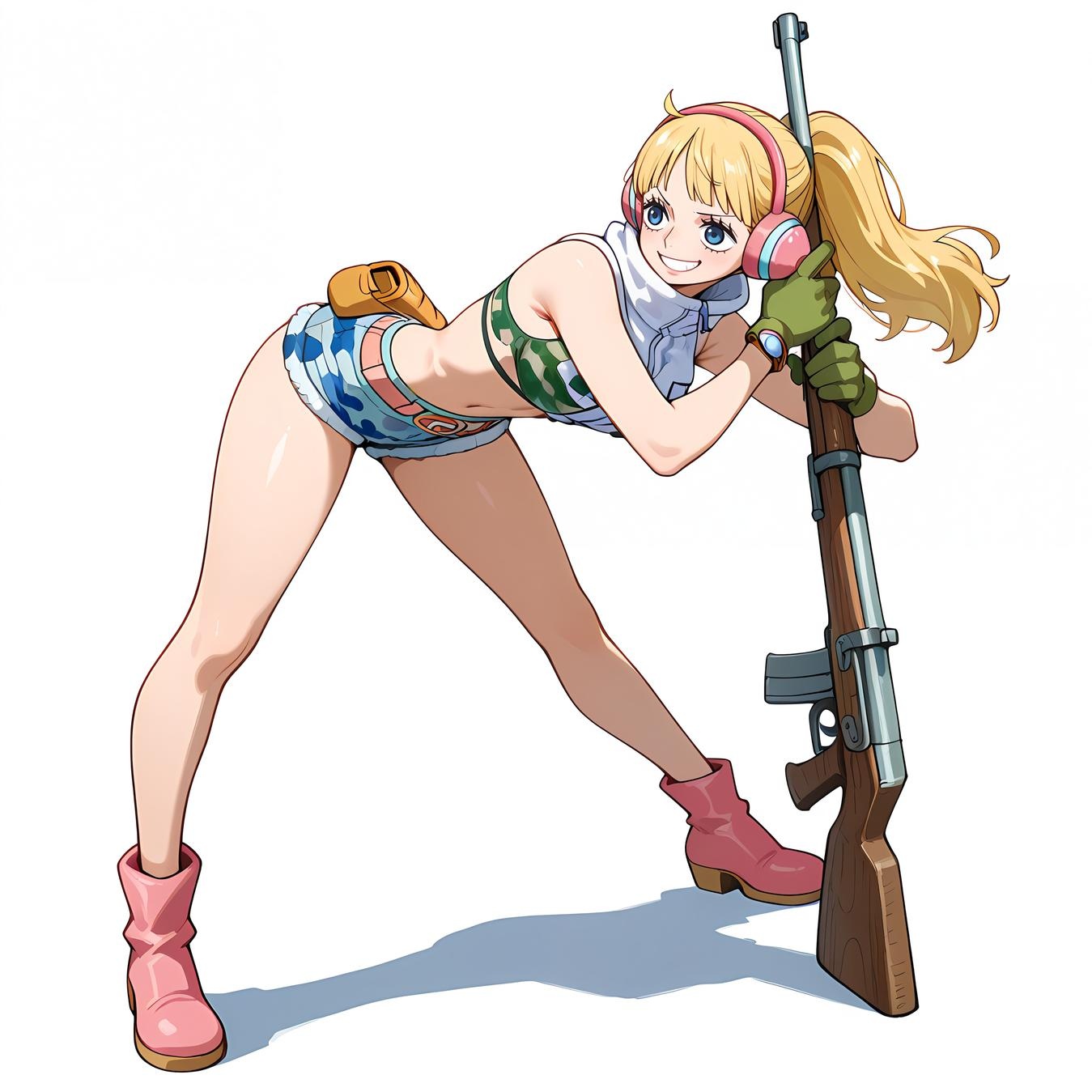 AI Generated Anime Girl - One Piece Yunbai: Blonde Headphones Bikini with Exposed Cleavage and Camouflage Bottom 42P