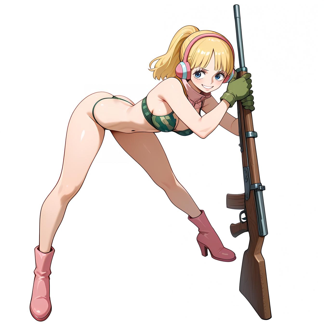 AI Generated Anime Girl - One Piece Yunbai: Blonde Headphones Bikini with Exposed Cleavage and Camouflage Bottom 42P