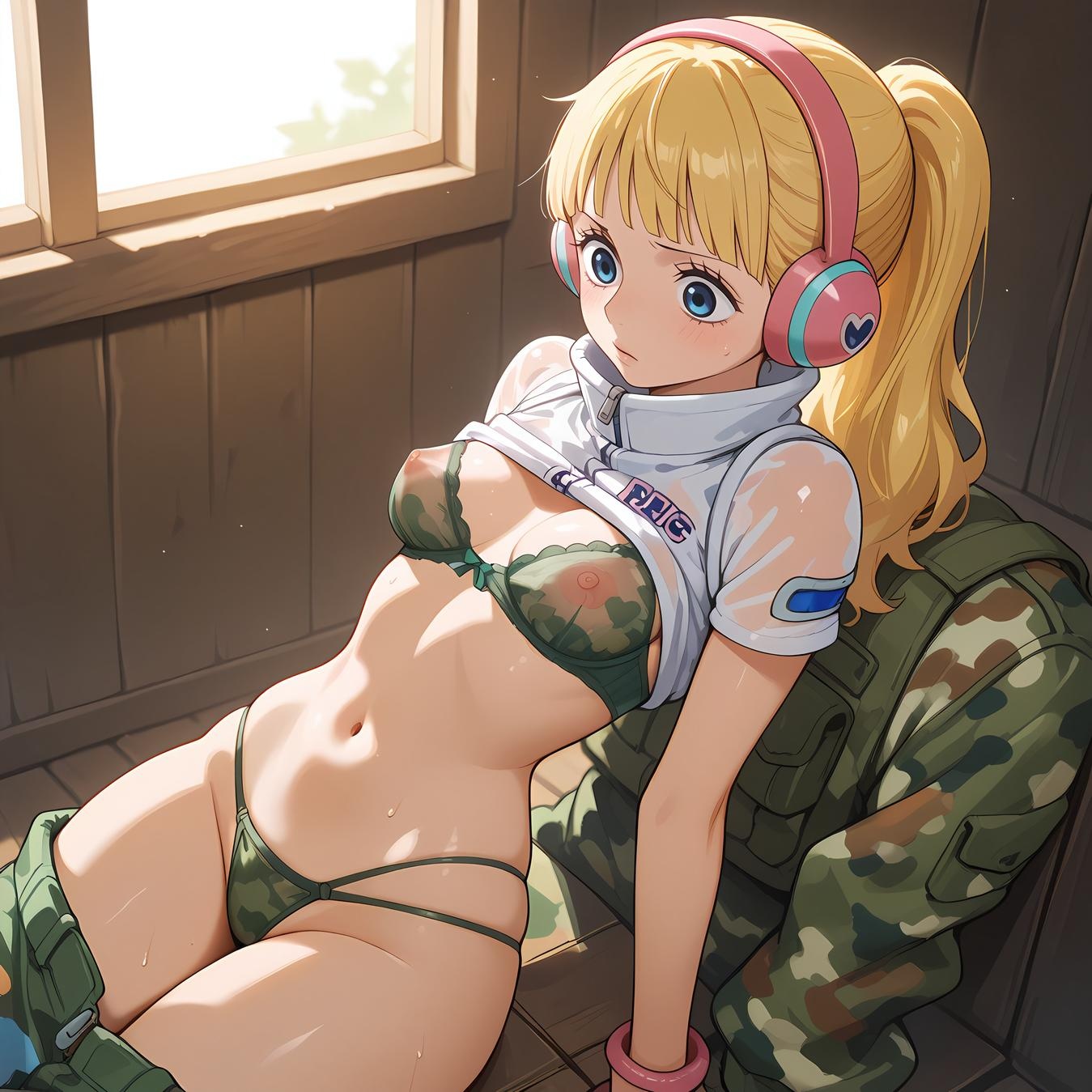 AI Generated Anime Girl - One Piece Yunbai: Blonde Headphones Bikini with Exposed Cleavage and Camouflage Bottom 42P