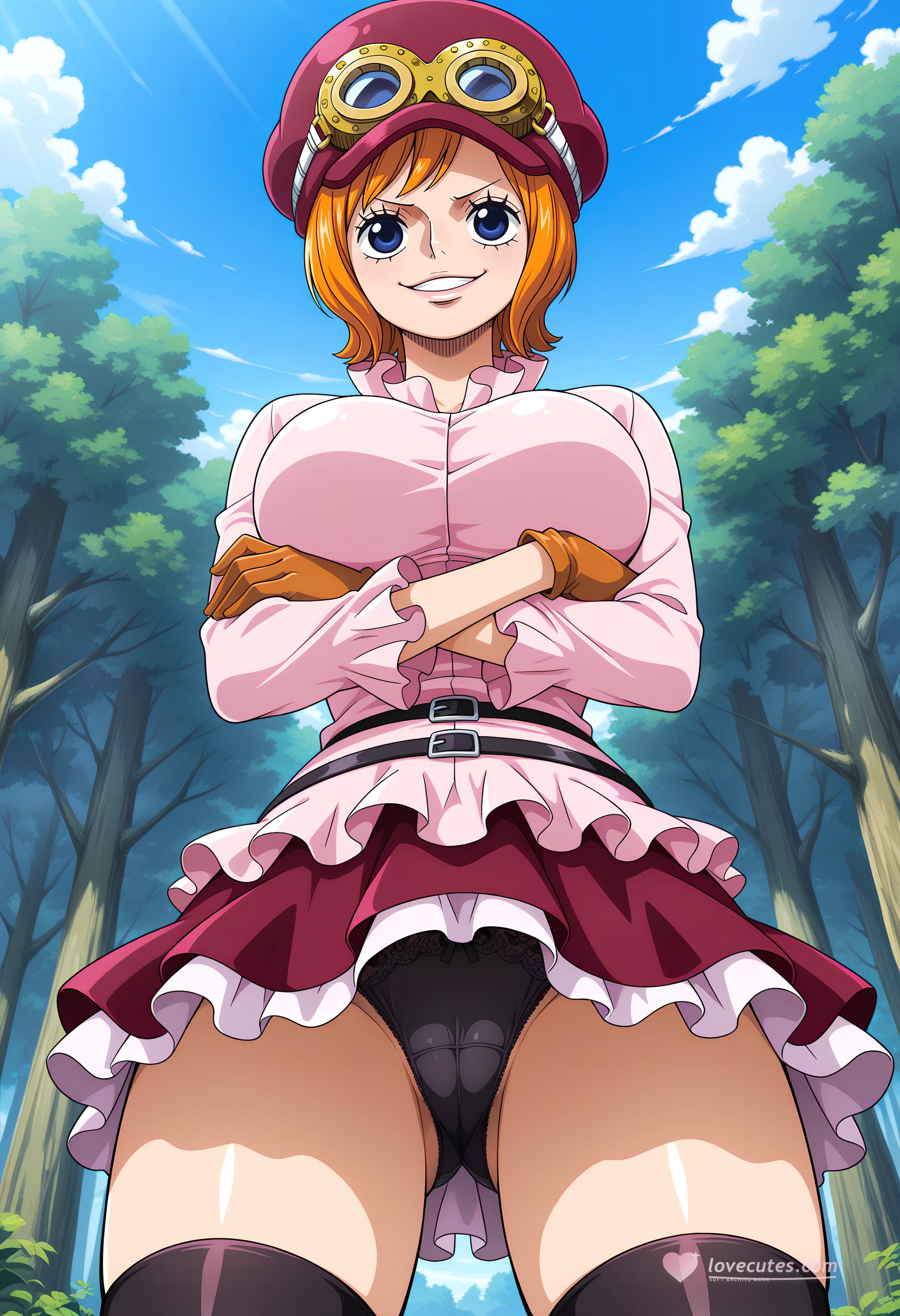 AI Generated Anime Girl - One Piece Kiera: Orange-Haired Goggles, Busty Skirt, Black Stockings, 246P