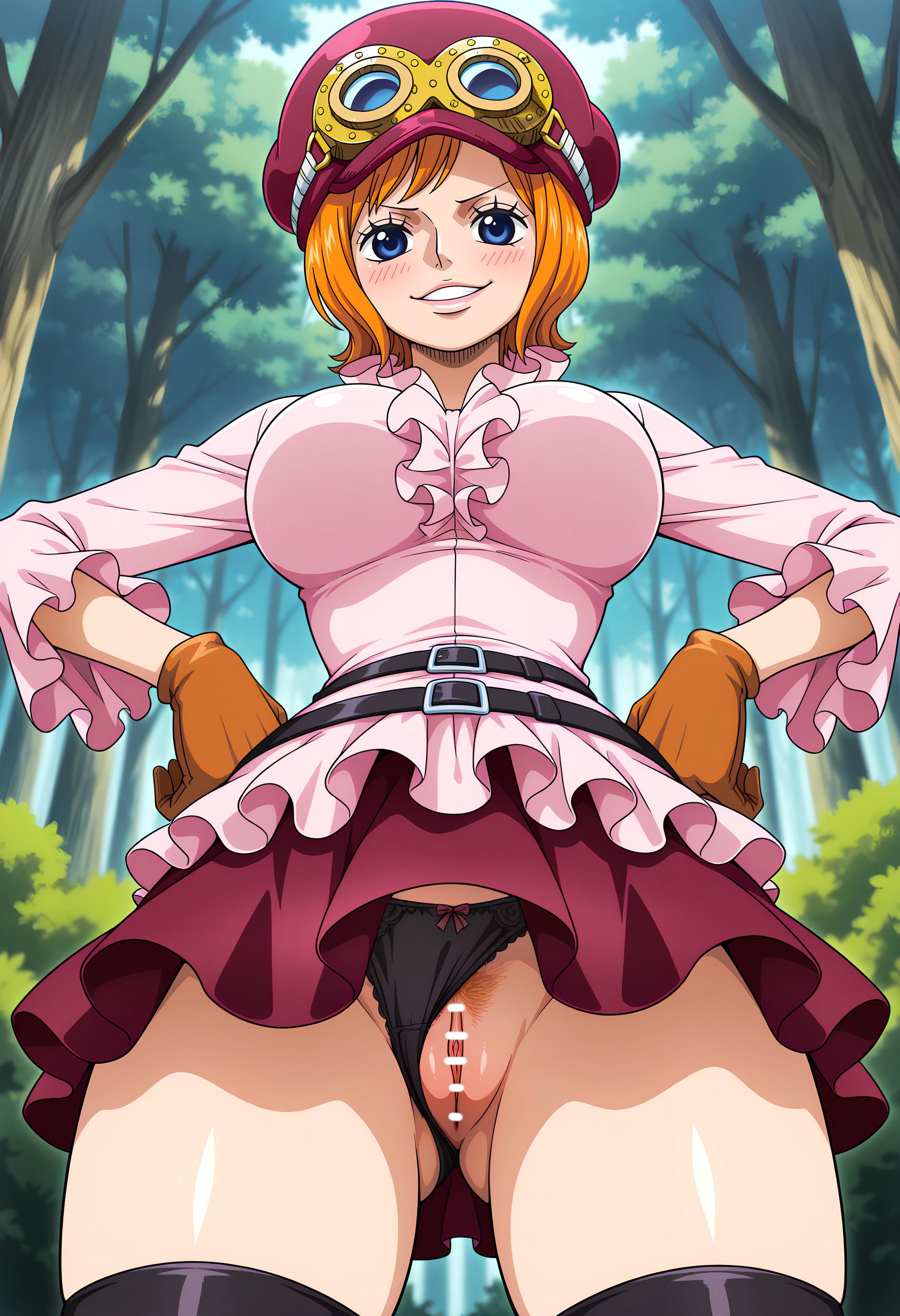 AI Generated Anime Girl - One Piece Kiera: Orange-Haired Goggles, Busty Skirt, Black Stockings, 246P