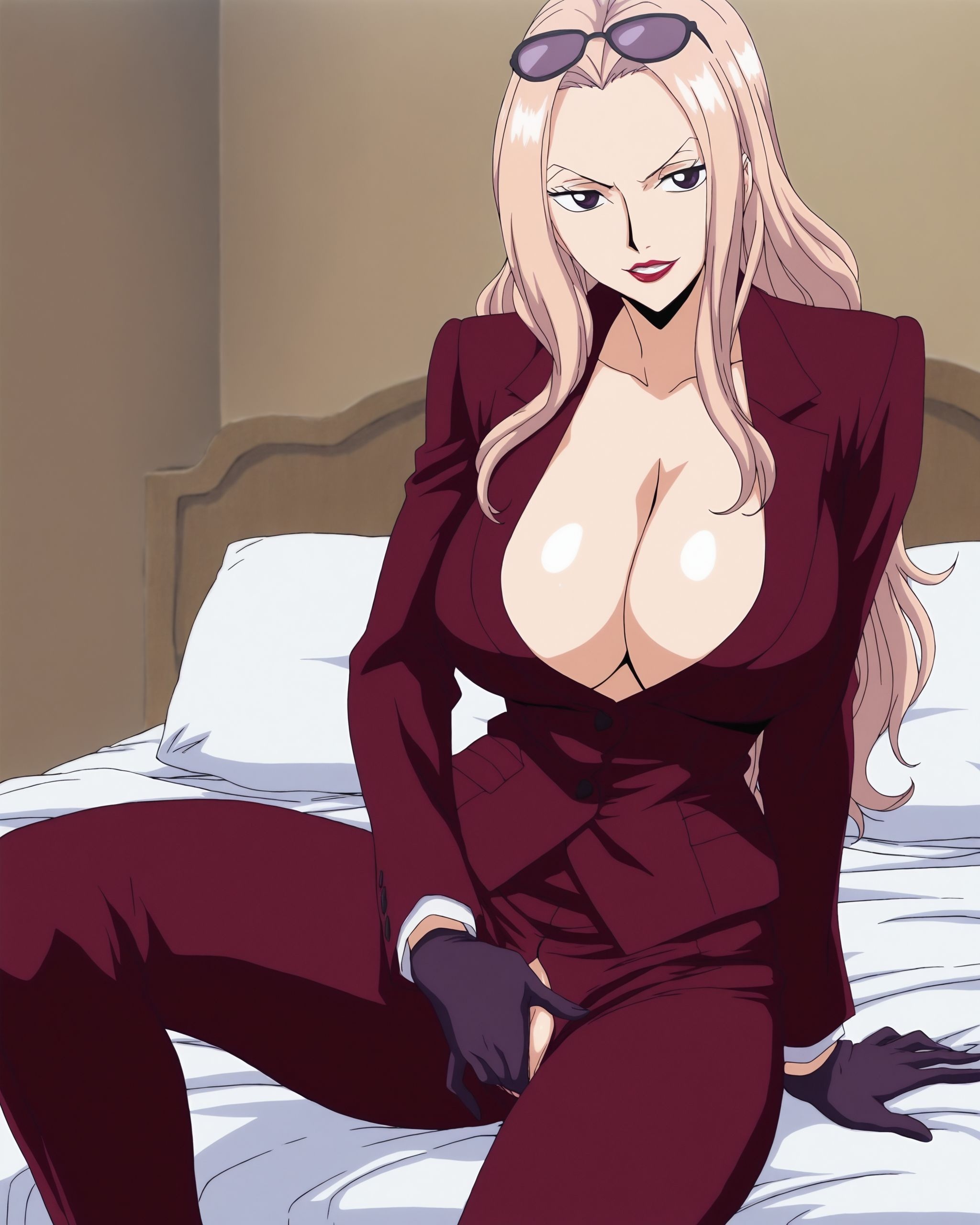 'AI สร้างสาวอนิเมะ - 海贼王 日奈：ชุดสูทสีแดงไวน์ หน้าอกใหญ่ โชว์ร่อง 225P'