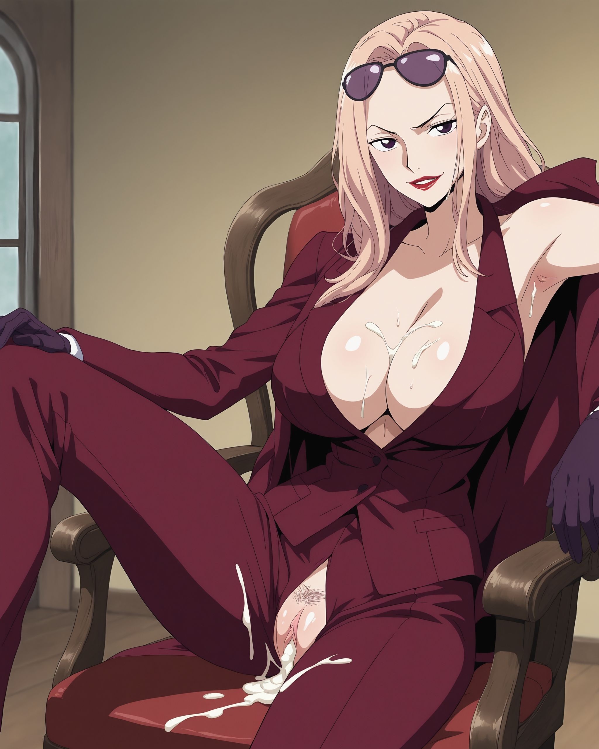 AI Generated Anime Girl - 海贼王 日奈：酒红西装巨乳露穴 湿身美腿 225P