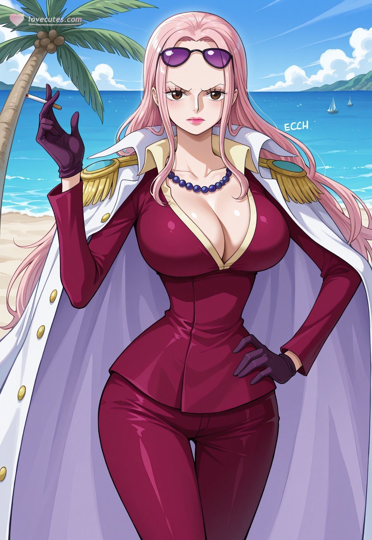 AI生成的動漫女孩 - 海賊王 日奈：酒紅西裝巨乳露穴 濕身美腿 225P