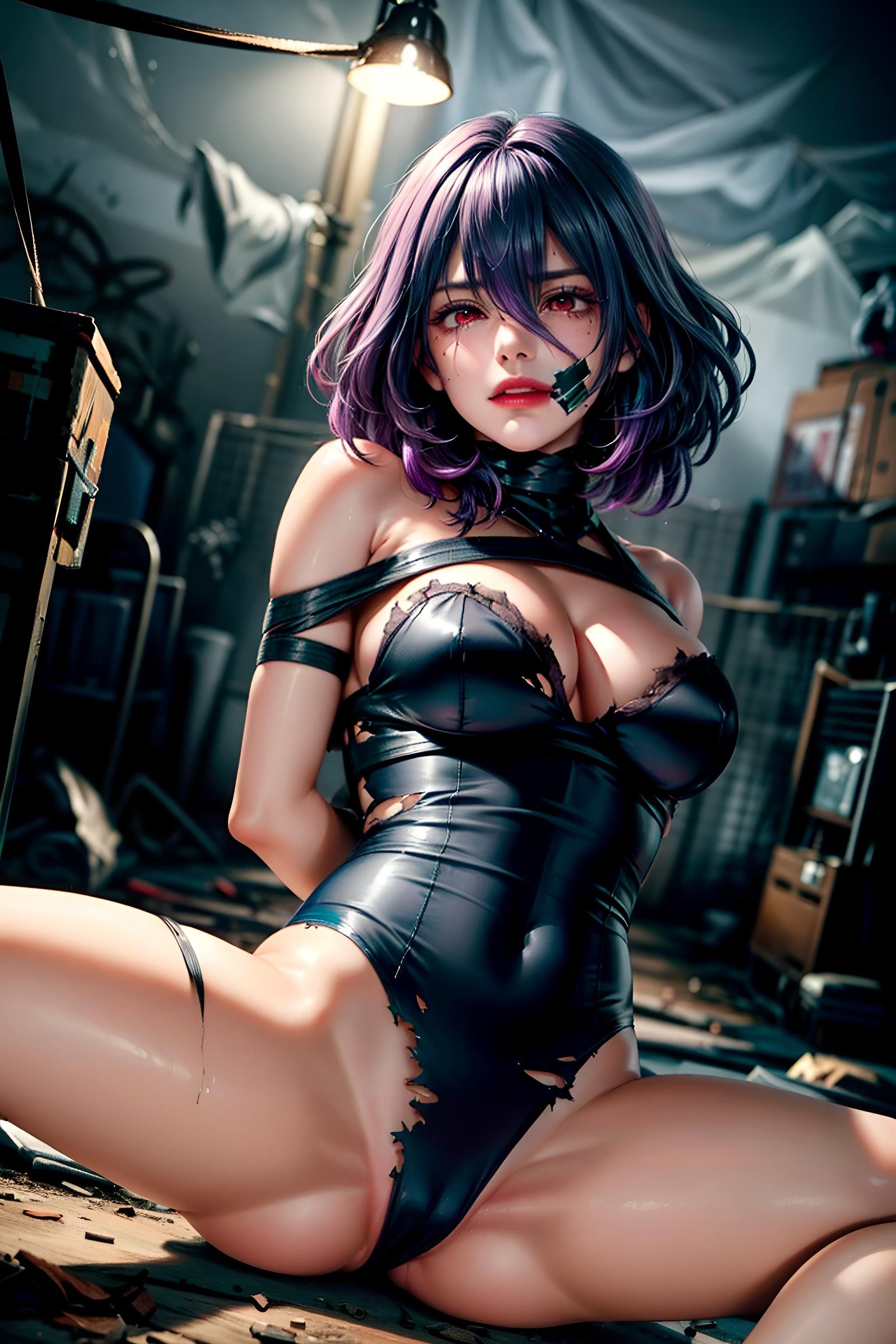 AI Generated Anime Girl - Vermeil：夜巷捆绑巨乳翘臀 黑发美腿 63P