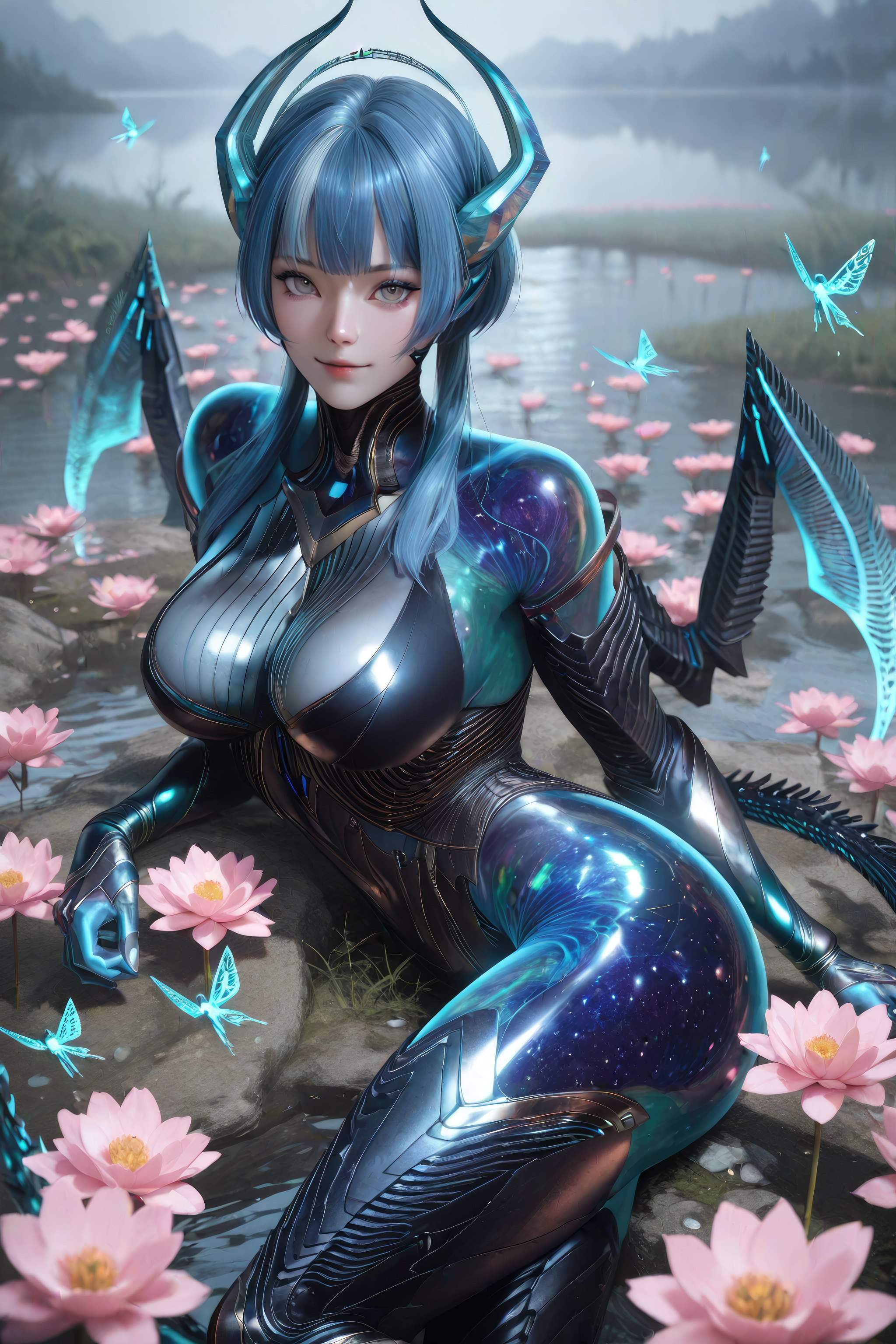 AI生成動漫女孩 - 吞噬星空 巴巴塔：藍髮龍角機甲巨乳 龍翼露穴 999P