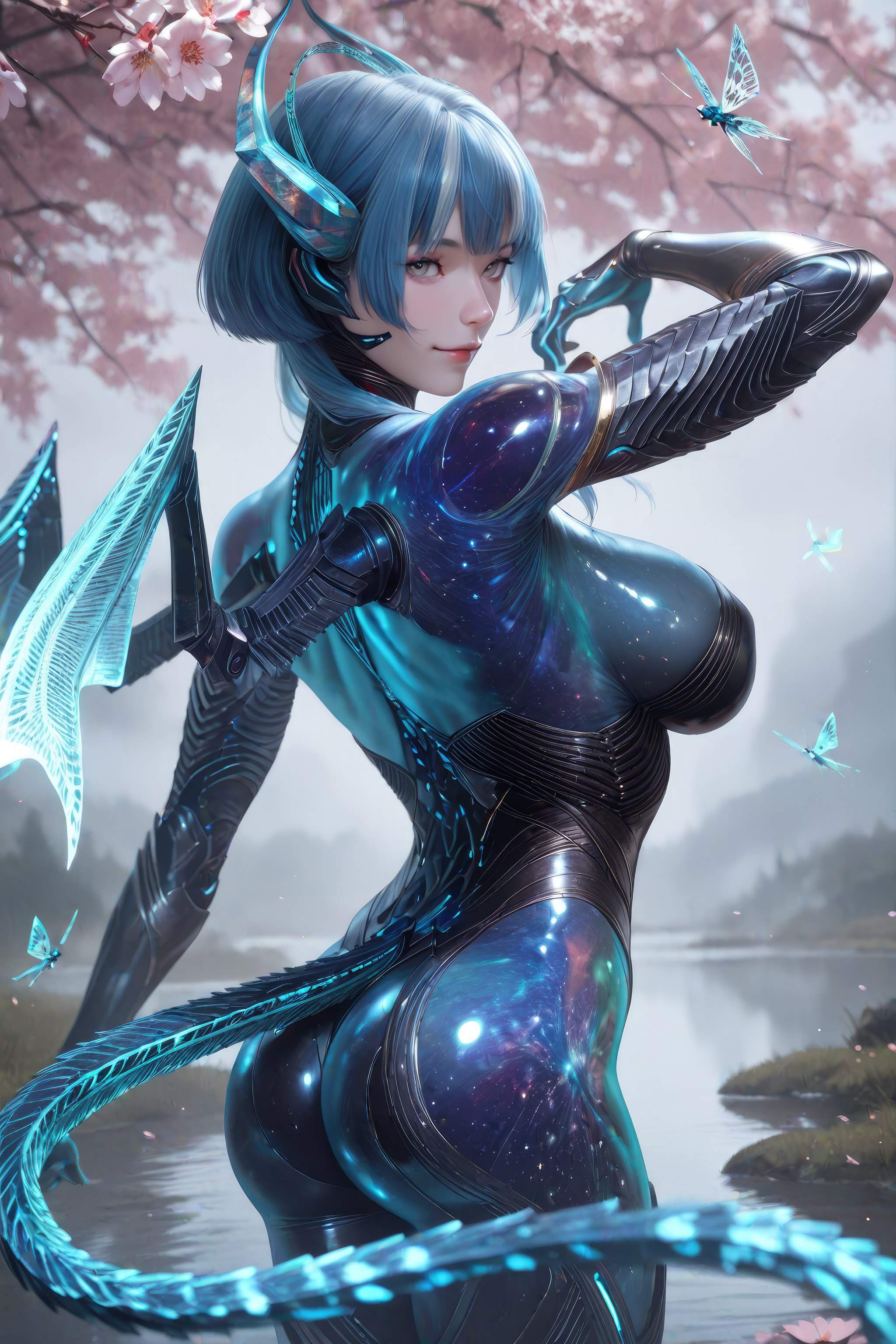 Cô Gái Anime Tạo Bởi AI - 吞噬星空 巴巴塔：Xác Suất Rồng Xanh Tóc, Giáp Khổng Lồ, Cánh Rồng 999P