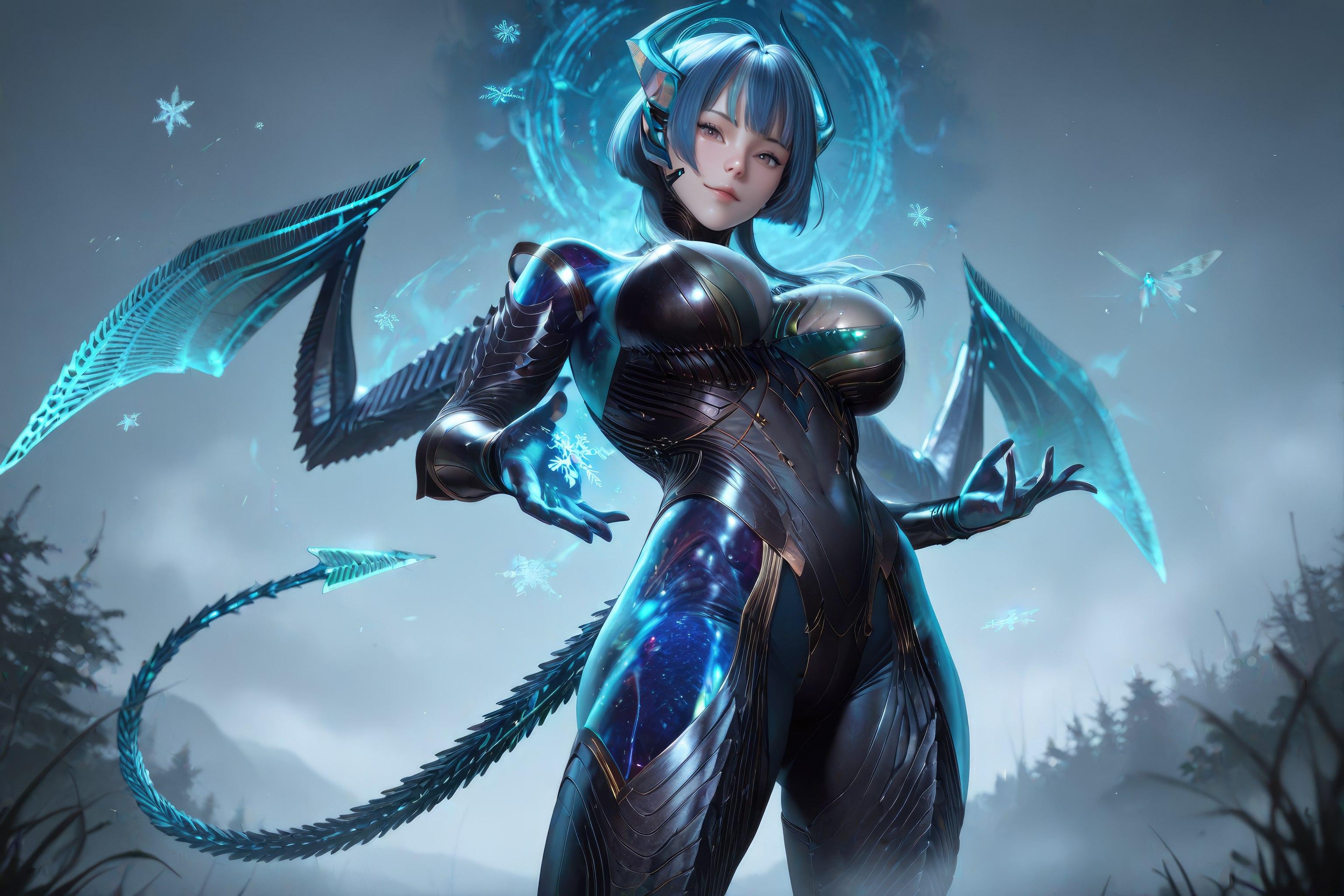 Cô Gái Anime Tạo Bởi AI - 吞噬星空 巴巴塔：Xác Suất Rồng Xanh Tóc, Giáp Khổng Lồ, Cánh Rồng 999P