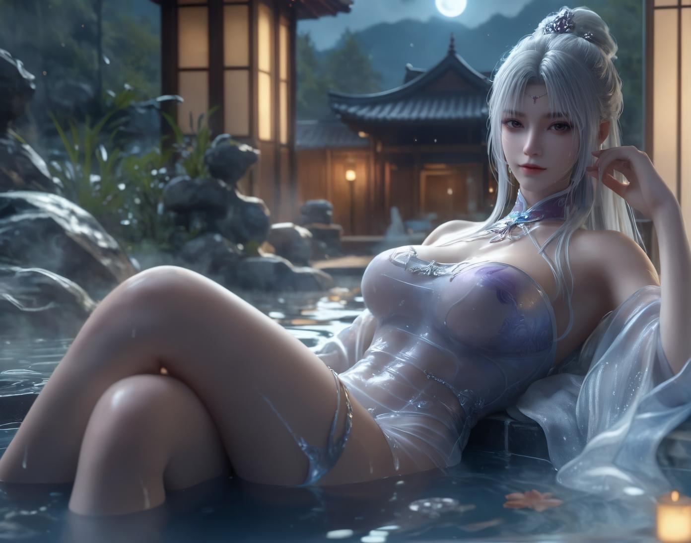 AI Generated Anime Girl - Little Doctor and Ancient Style Beauty: Hot Spring Wet Body with Big Breasts and Exposed Areas - Dual Theme Collection 153P