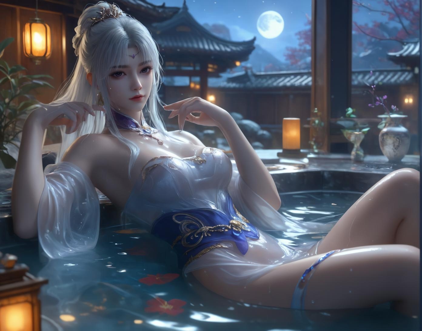 AI Generated Anime Girl - Little Doctor and Ancient Style Beauty: Hot Spring Wet Body with Big Breasts and Exposed Areas - Dual Theme Collection 153P