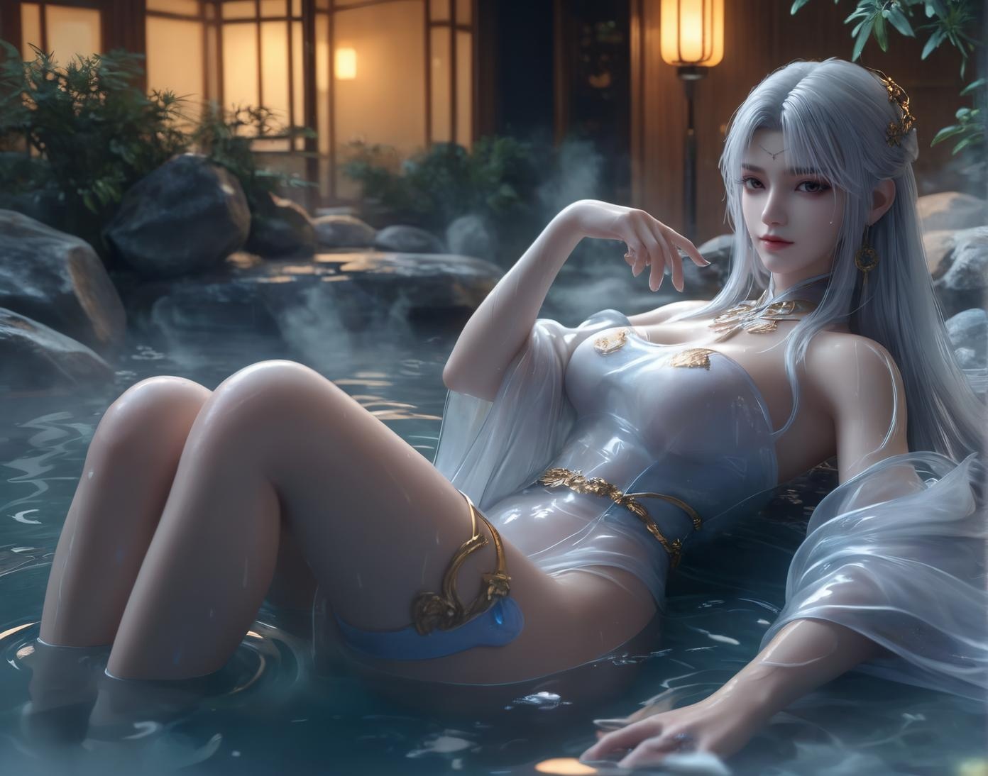 AI Generated Anime Girl - Little Doctor and Ancient Style Beauty: Hot Spring Wet Body with Big Breasts and Exposed Areas - Dual Theme Collection 153P