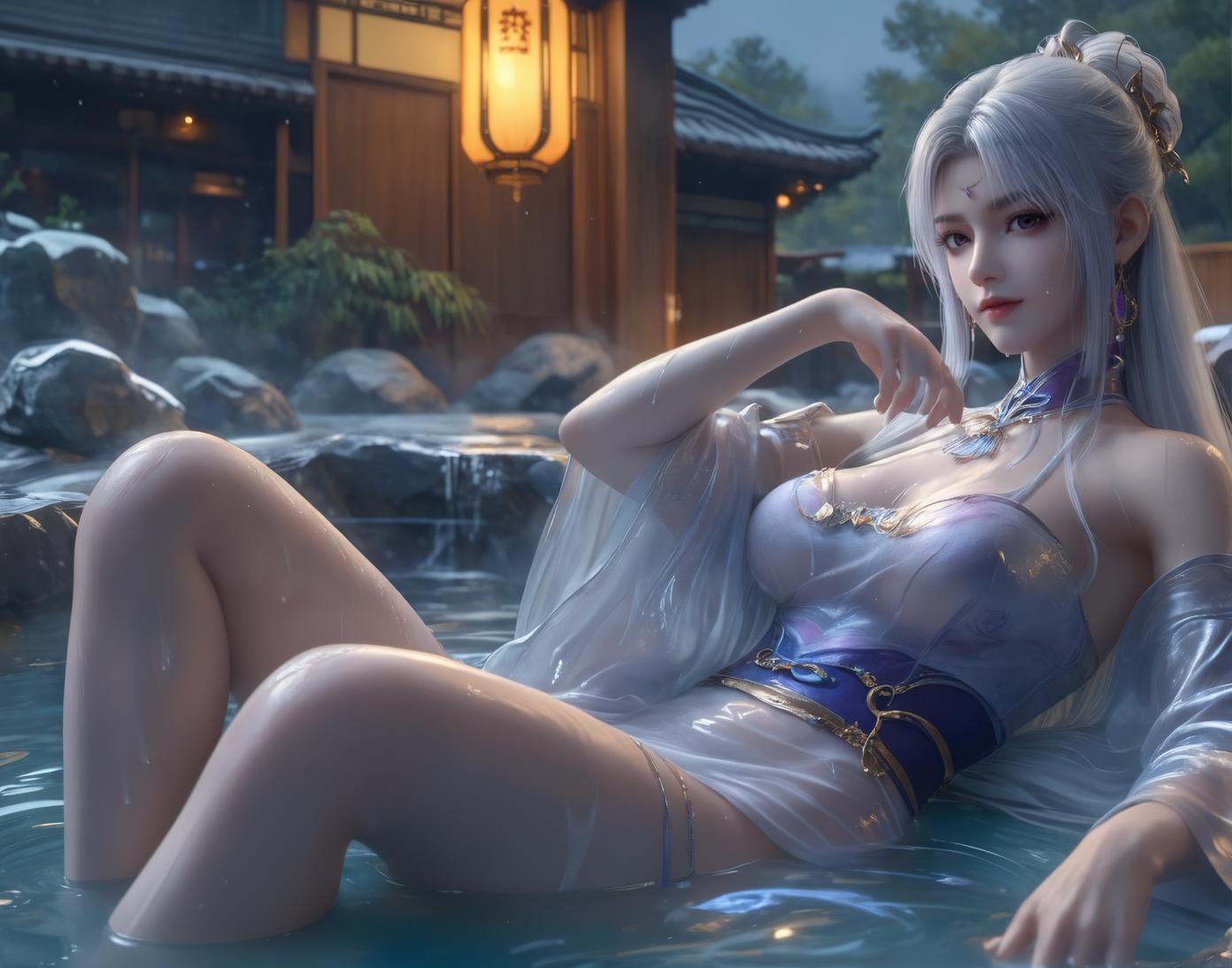 AI Generated Anime Girl - Little Doctor and Ancient Style Beauty: Hot Spring Wet Body with Big Breasts and Exposed Areas - Dual Theme Collection 153P