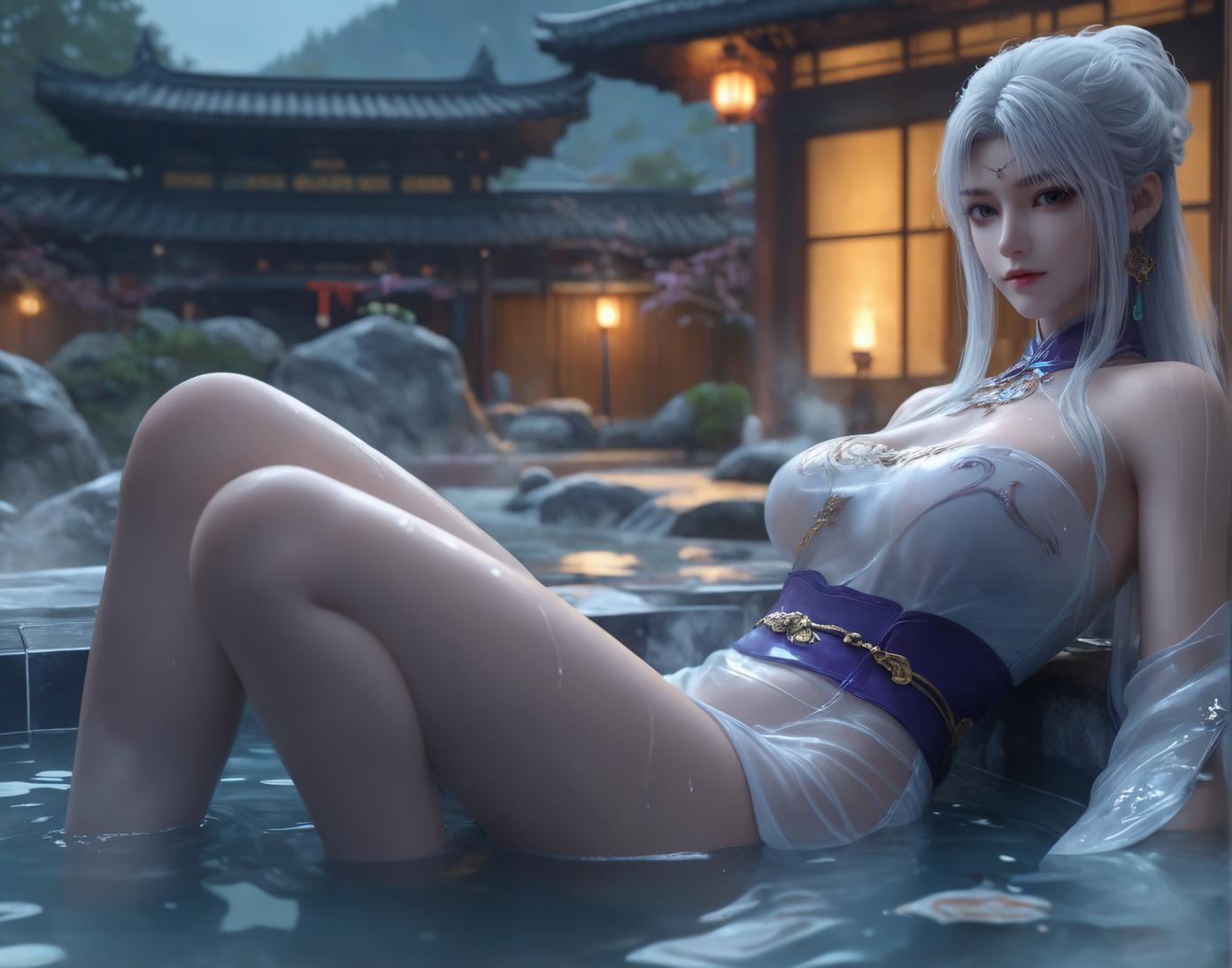 AI Generated Anime Girl - Little Doctor and Ancient Style Beauty: Hot Spring Wet Body with Big Breasts and Exposed Areas - Dual Theme Collection 153P