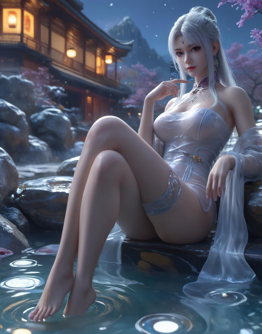 AI Generated Anime Girl - Little Doctor and Ancient Style Beauty: Hot Spring Wet Body with Big Breasts and Exposed Areas - Dual Theme Collection 153P