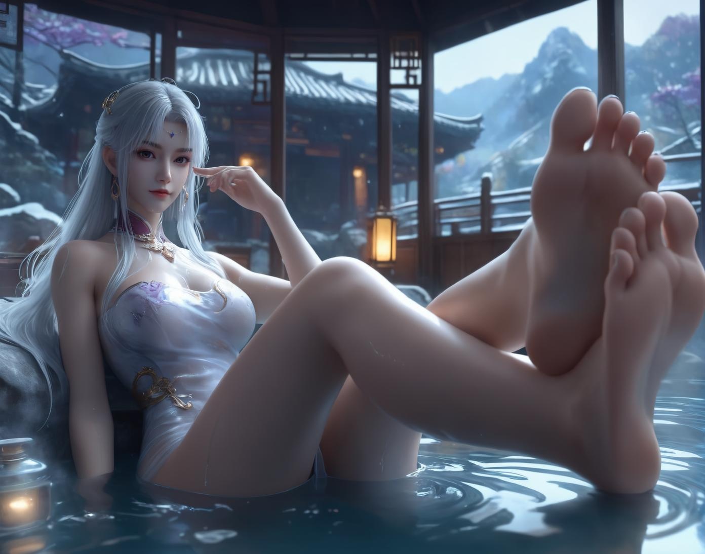 AI Generated Anime Girl - Little Doctor and Ancient Style Beauty: Hot Spring Wet Body with Big Breasts and Exposed Areas - Dual Theme Collection 153P