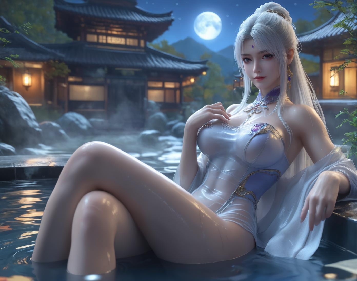 AI Generated Anime Girl - Little Doctor and Ancient Style Beauty: Hot Spring Wet Body with Big Breasts and Exposed Areas - Dual Theme Collection 153P