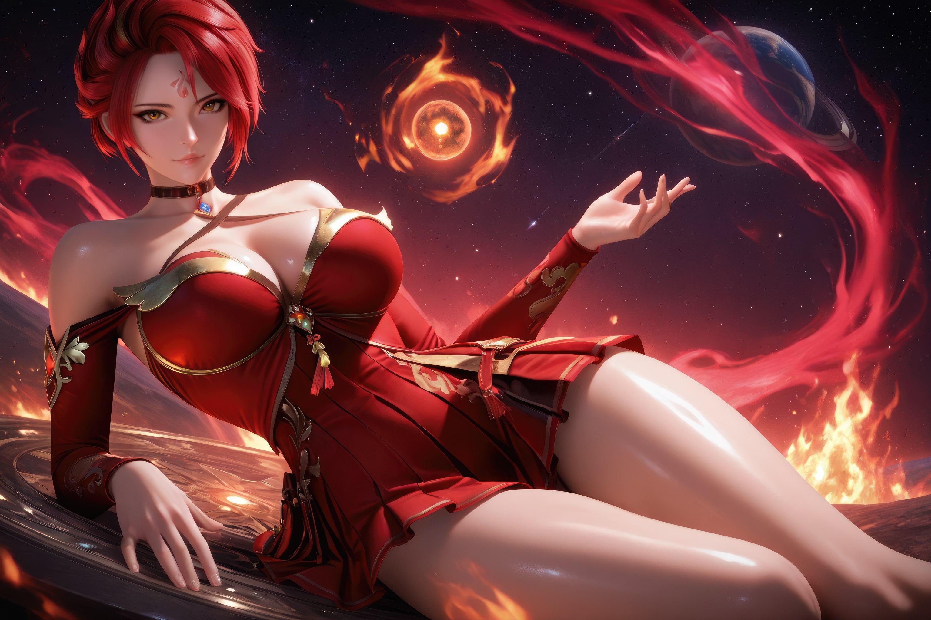 AI Generated Anime Girl - Douluo Dalu Huo Wu: Red Dress, Big Breasts, Exposed, Long Legs 1038P