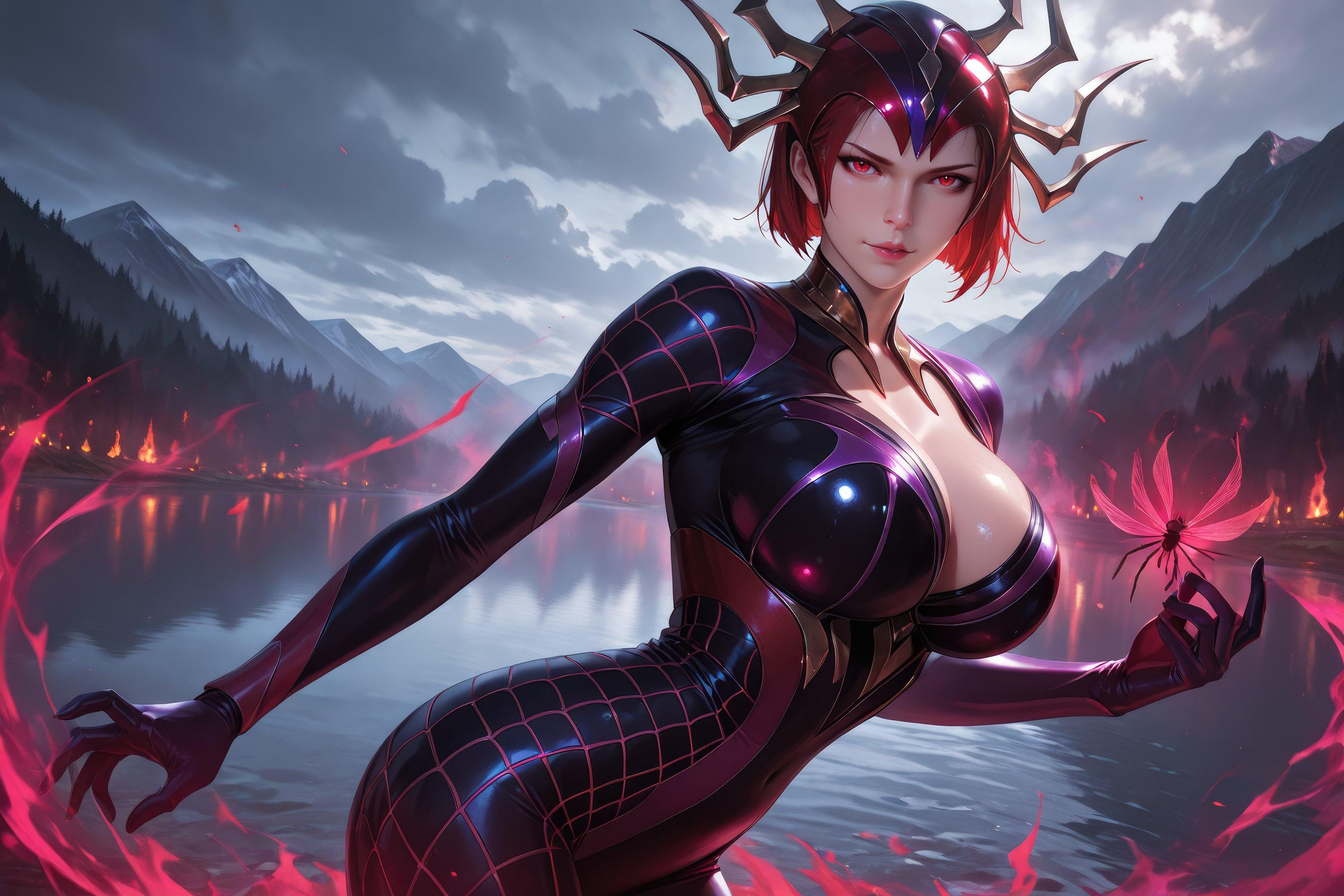 Cô Gái Anime Tạo Ra Bằng AI - 斗罗大陆 Nhện Nữ: Áo Chật Đỏ, Ngực Khủng, Mông Cong, Chân Đẹp 1087P
