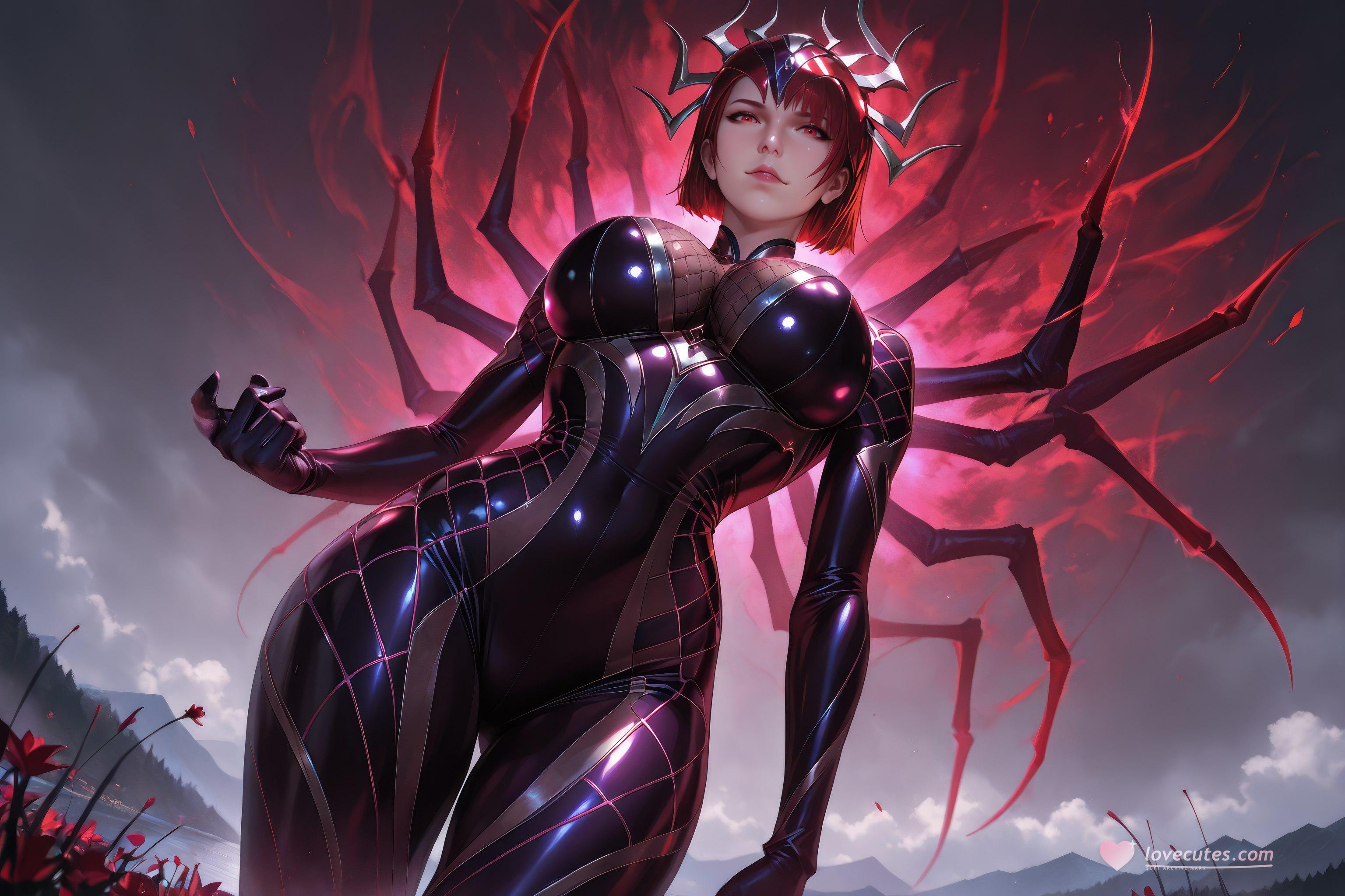 Cô Gái Anime Tạo Ra Bằng AI - 斗罗大陆 Nhện Nữ: Áo Chật Đỏ, Ngực Khủng, Mông Cong, Chân Đẹp 1087P