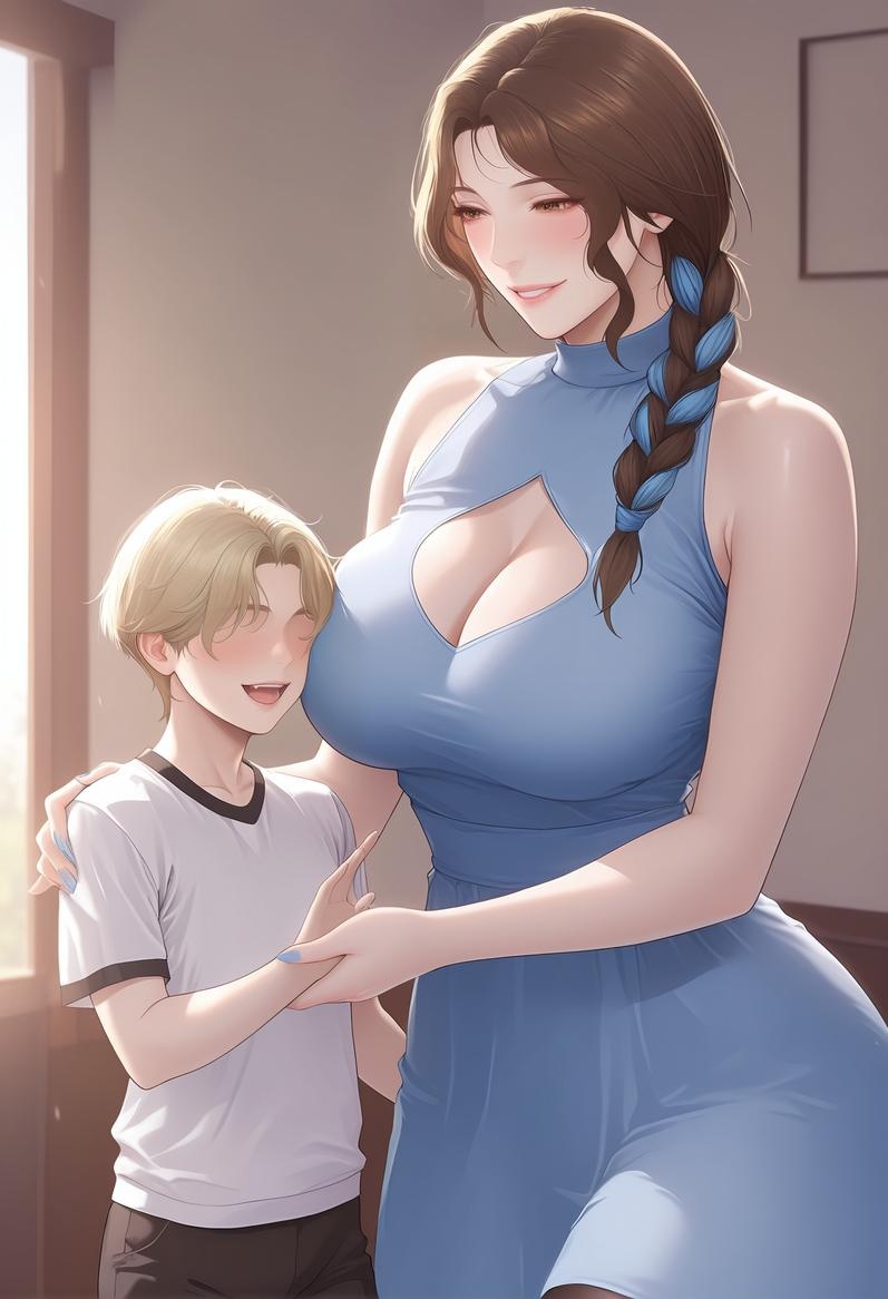 AI生成的動漫女孩 - 輕熟風美靜的小房客：藍裙辮髮巨乳露穴 輕熟房東主題 118P