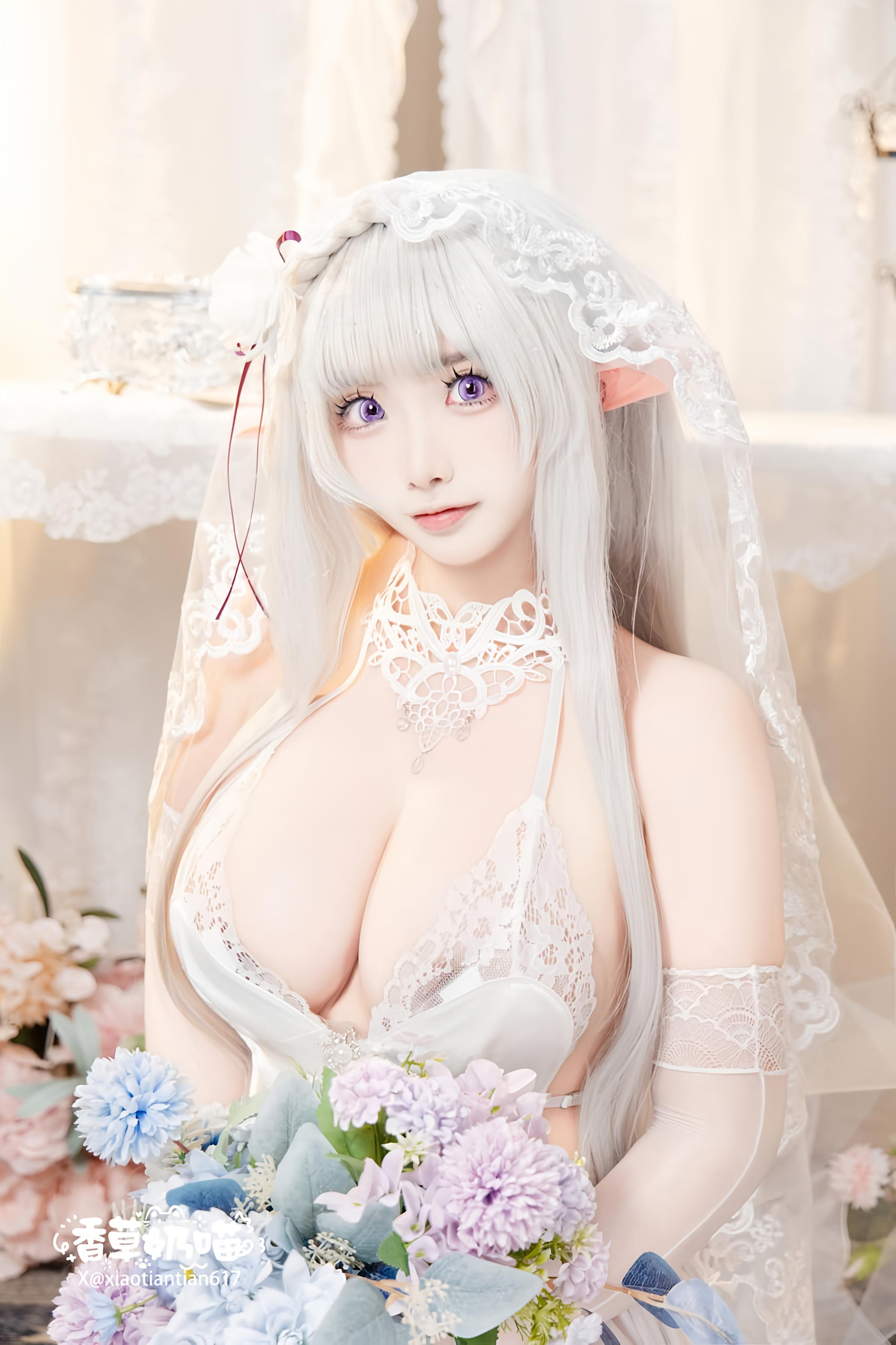 [คอสเพลย์] 香草奶喵 - Re:จากศูนย์เริ่มต้นชีวิตในต่างโลก เอมิเลีย วันวาเลนไทน์: เจ้าหญิงหูเอลฟ์ผมขาว ชุดแต่งงาน บราสุดเซ็กซี่ 151P
