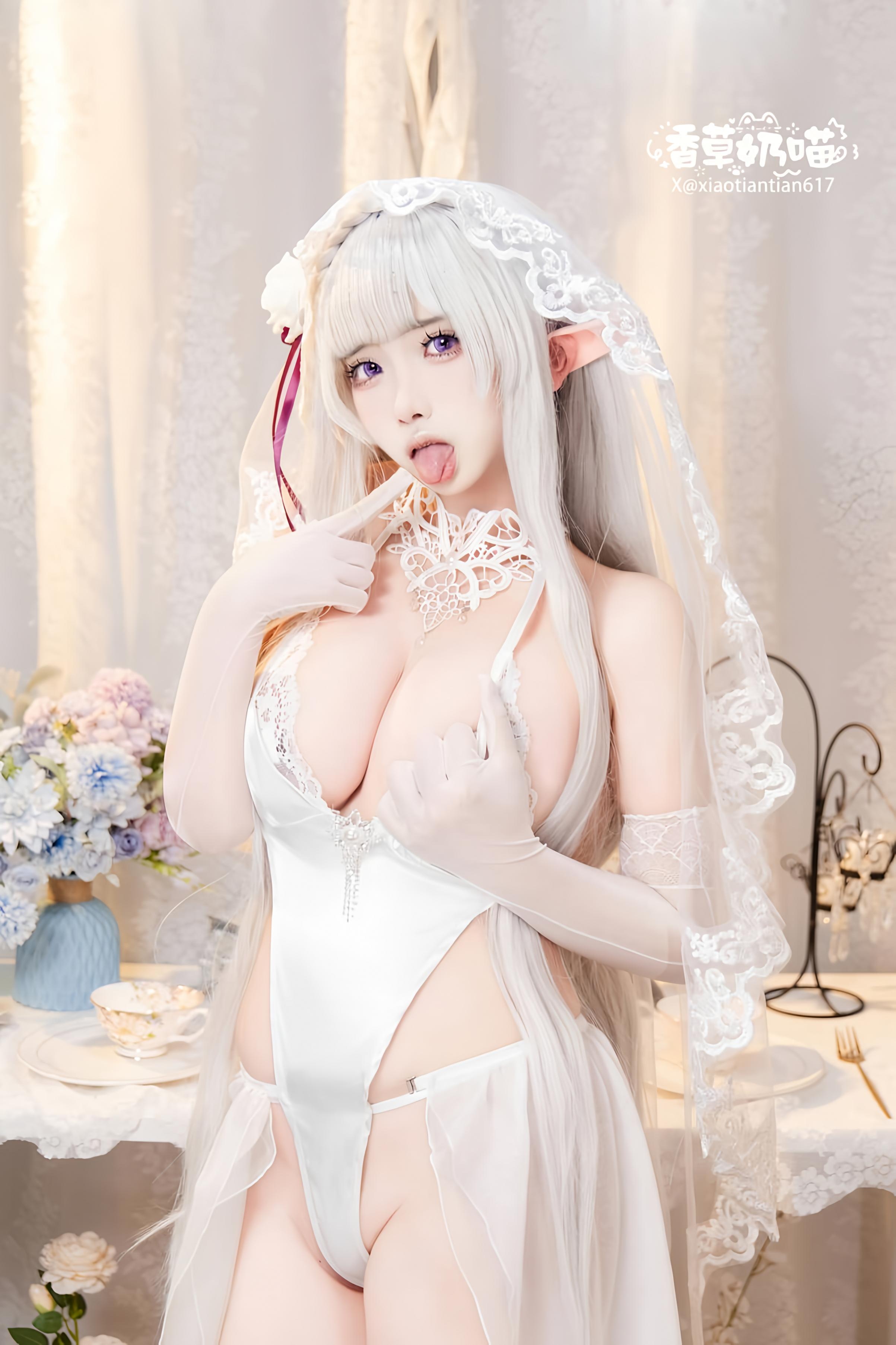 [คอสเพลย์] 香草奶喵 - Re:จากศูนย์เริ่มต้นชีวิตในต่างโลก เอมิเลีย วันวาเลนไทน์: เจ้าหญิงหูเอลฟ์ผมขาว ชุดแต่งงาน บราสุดเซ็กซี่ 151P
